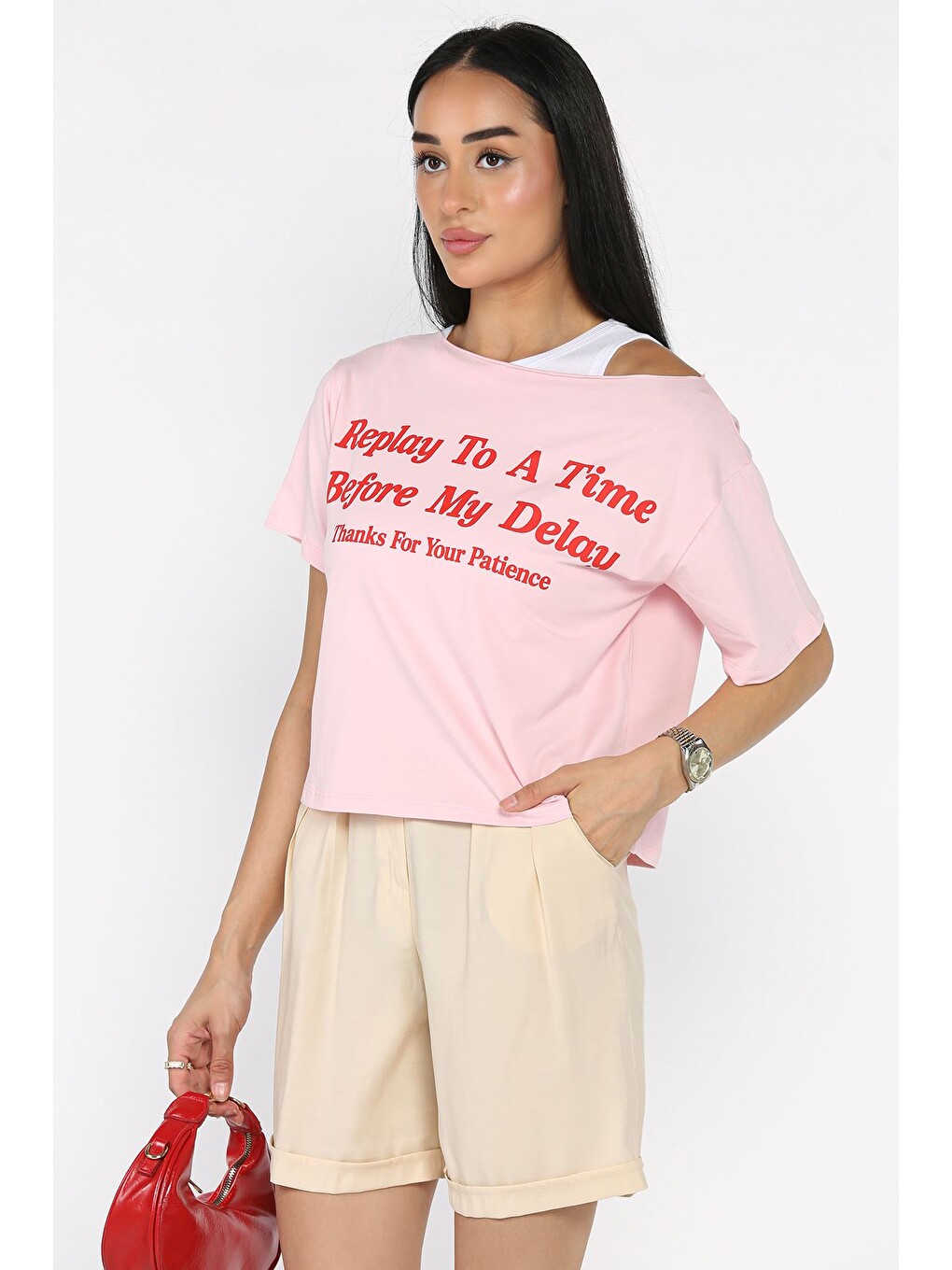 Pembe Kadın Atlet Kombinli Baskılı Tişört
