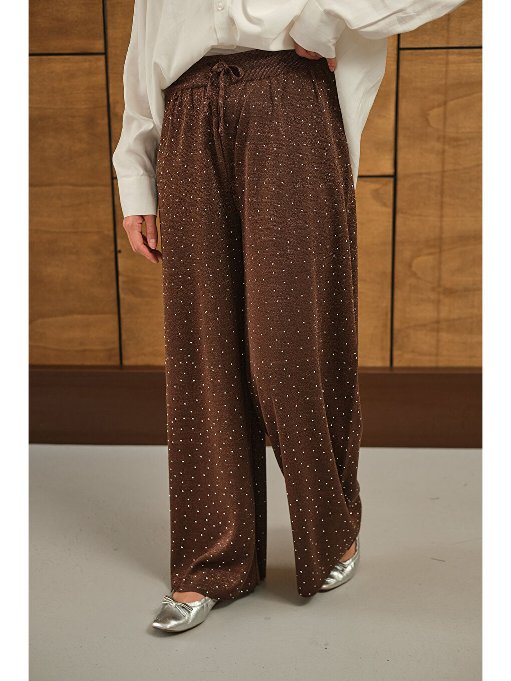 Kadın Sim Detay Taşlı Triko Pantolon Kahverengi-1