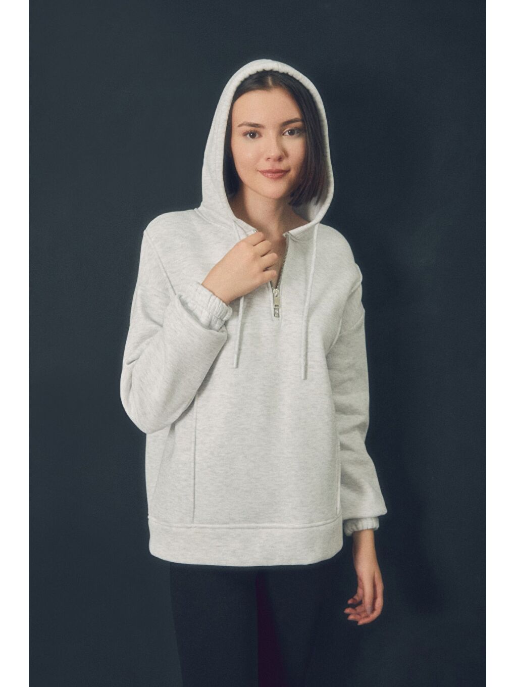 Fullamoda Gri Basic Yarım Fermuarlı Kapüşonlu Sweatshirt - 2