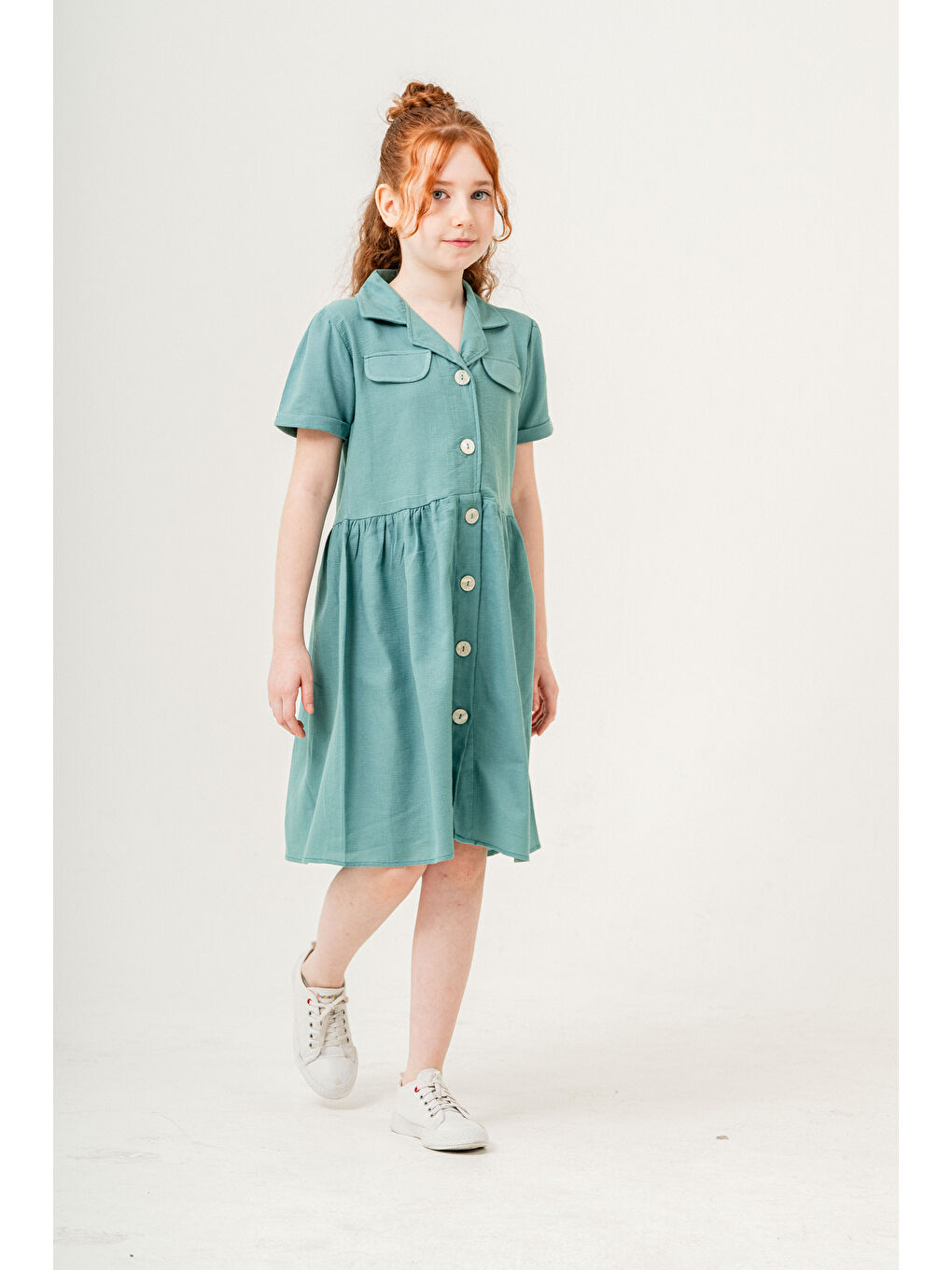 Yeşil Kız Çocuk Jüt Pamuklu Kısa Kollu Elbise P1009-4
