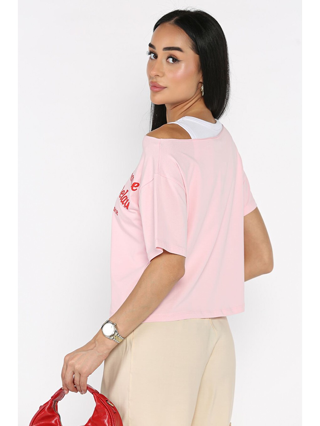 Pembe Kadın Atlet Kombinli Baskılı Tişört-3