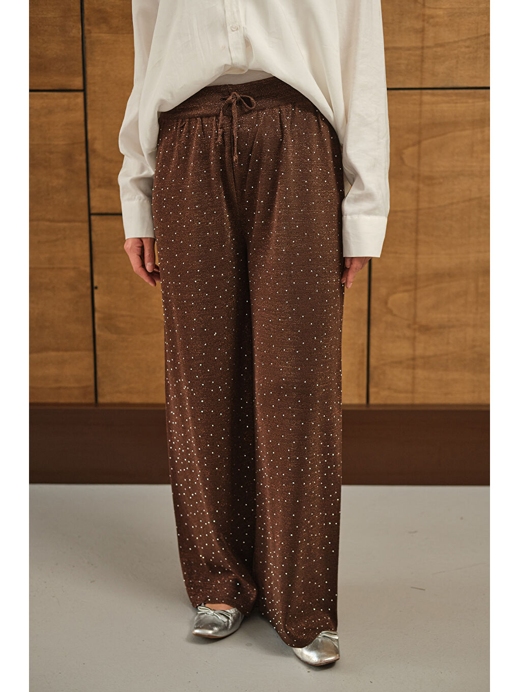 Kadın Sim Detay Taşlı Triko Pantolon Kahverengi-2