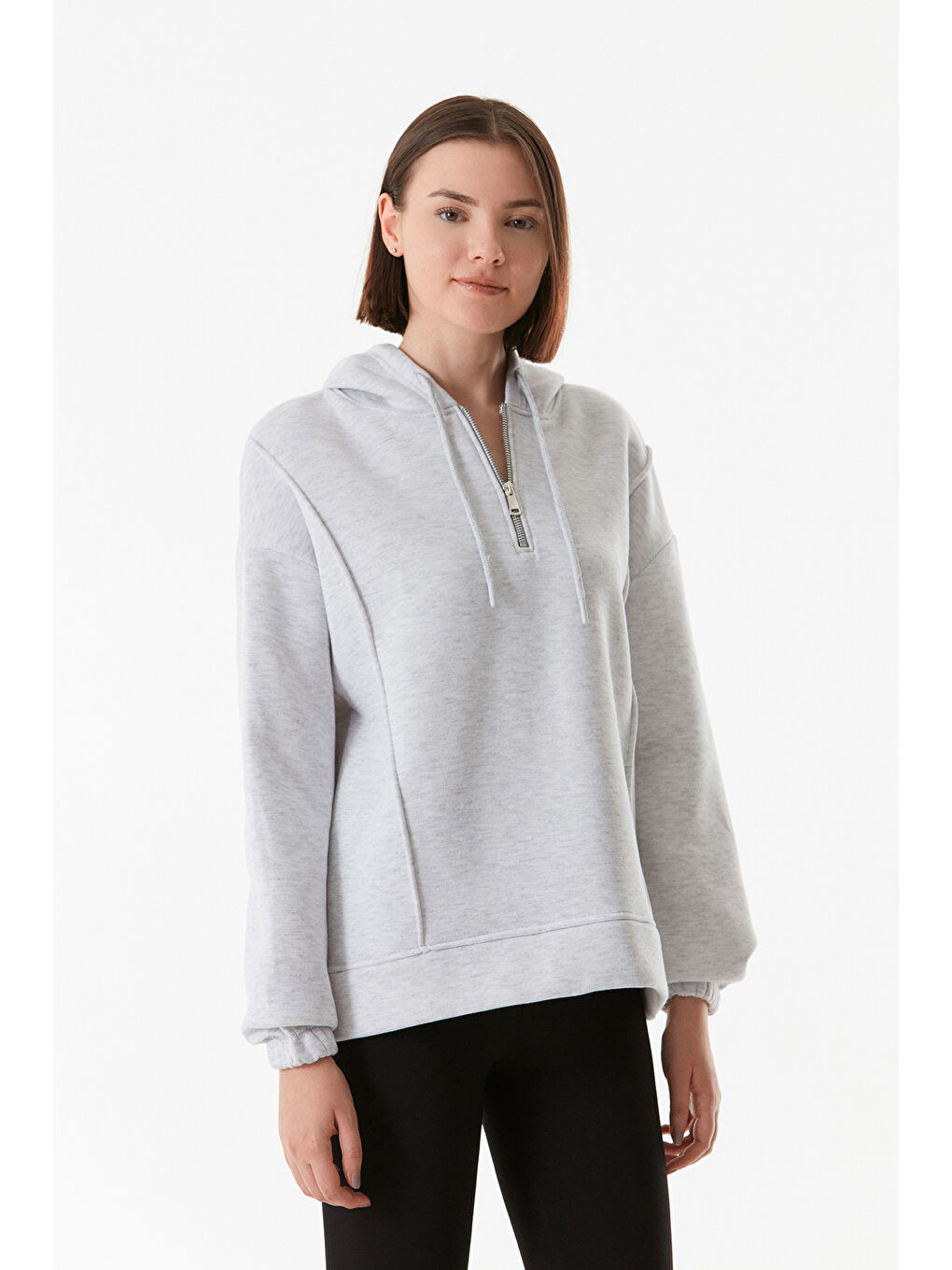 Fullamoda Gri Basic Yarım Fermuarlı Kapüşonlu Sweatshirt - 4