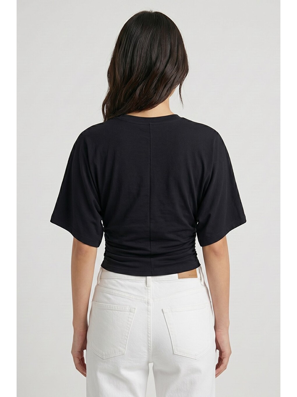 Siyah Bisiklet Yaka Beli Büzgülü Yarasa Kollu Crop Bluz-6