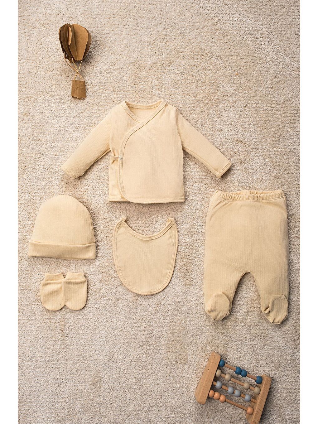 Bej Düz Renk Organik Pamuk Kutulu 5 Parça Hastane Çıkış Seti-1