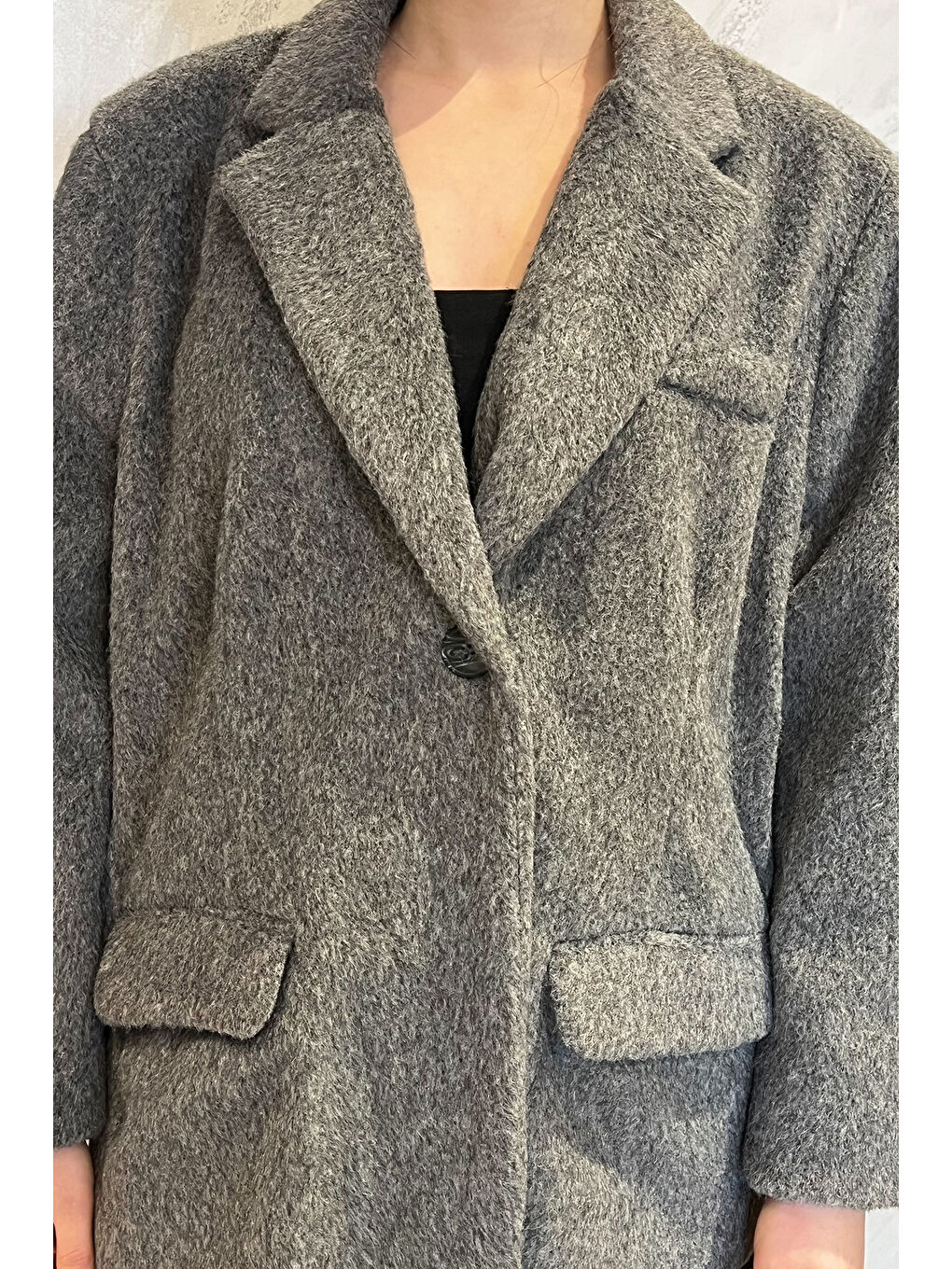 Gri Kadın Kruvaze Yaka Astarlı Kaşe Kaban-2