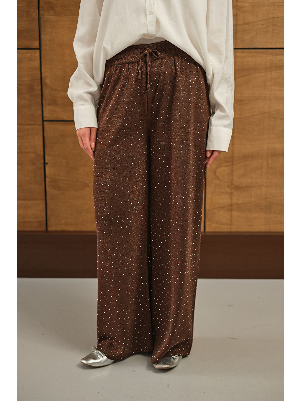 Kadın Sim Detay Taşlı Triko Pantolon Kahverengi-3