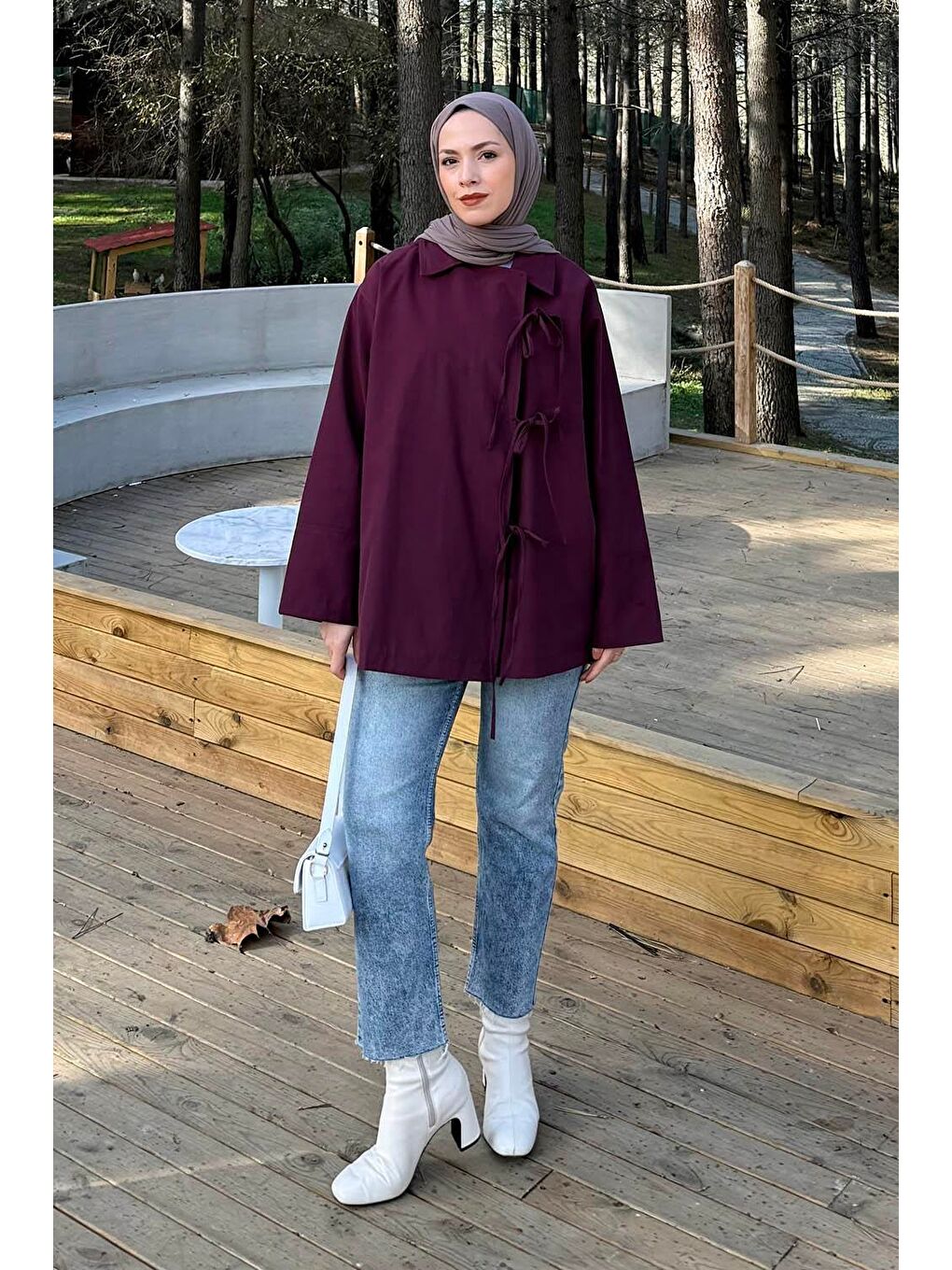 Fiyonk Detaylı Trençkot Mürdüm