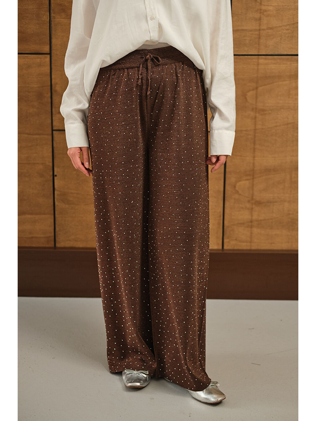 Kadın Sim Detay Taşlı Triko Pantolon Kahverengi-4