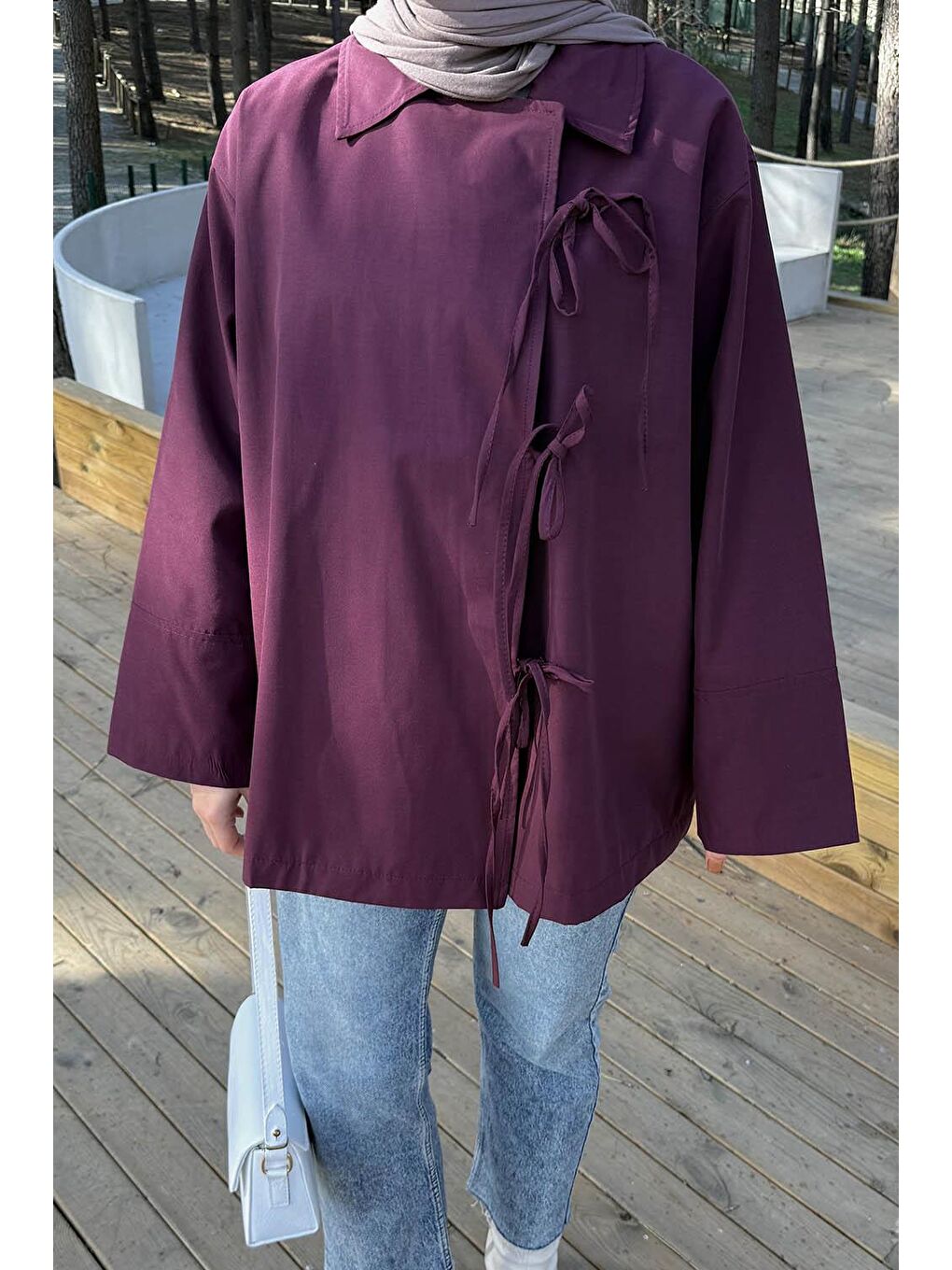 Fiyonk Detaylı Trençkot Mürdüm-2