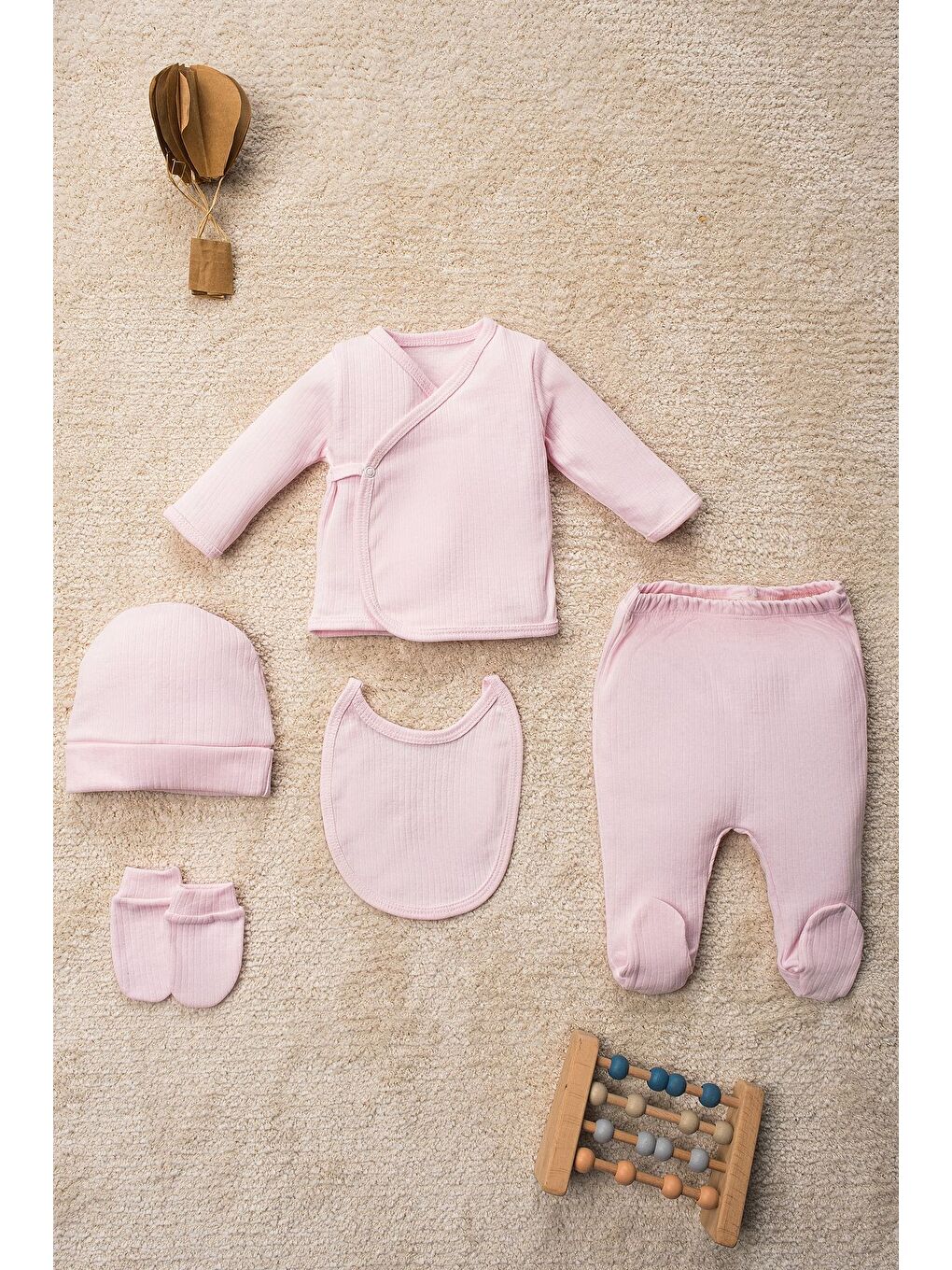 Pembe Düz Renk Organik Pamuk Kutulu 5 Parça Hastane Çıkış Seti-1