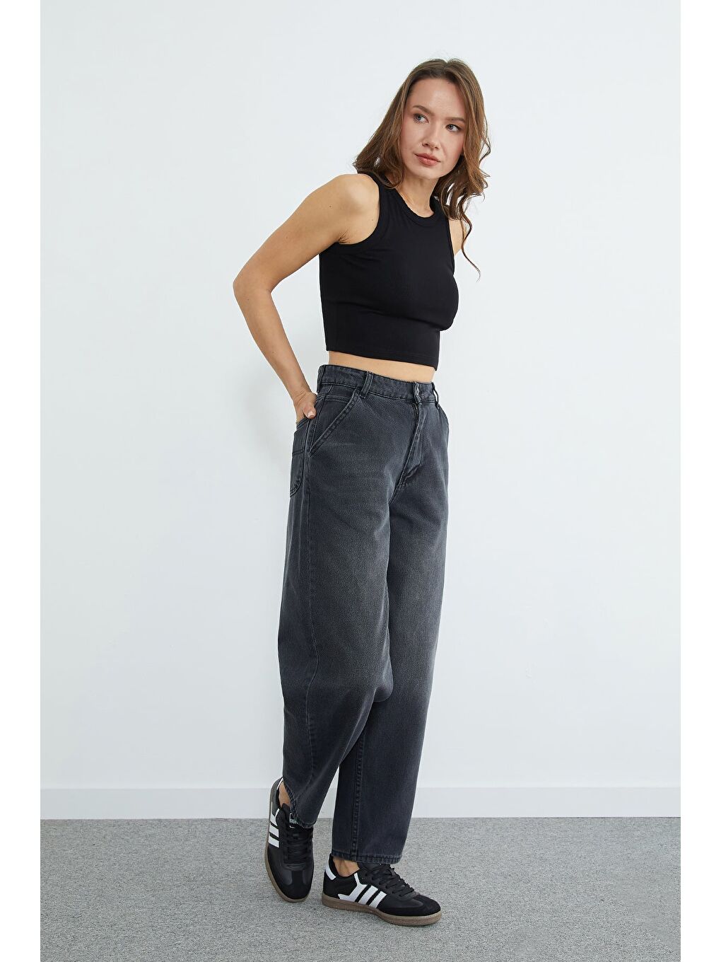 Antrasit Yüksek Bel Şalvar Jean-2