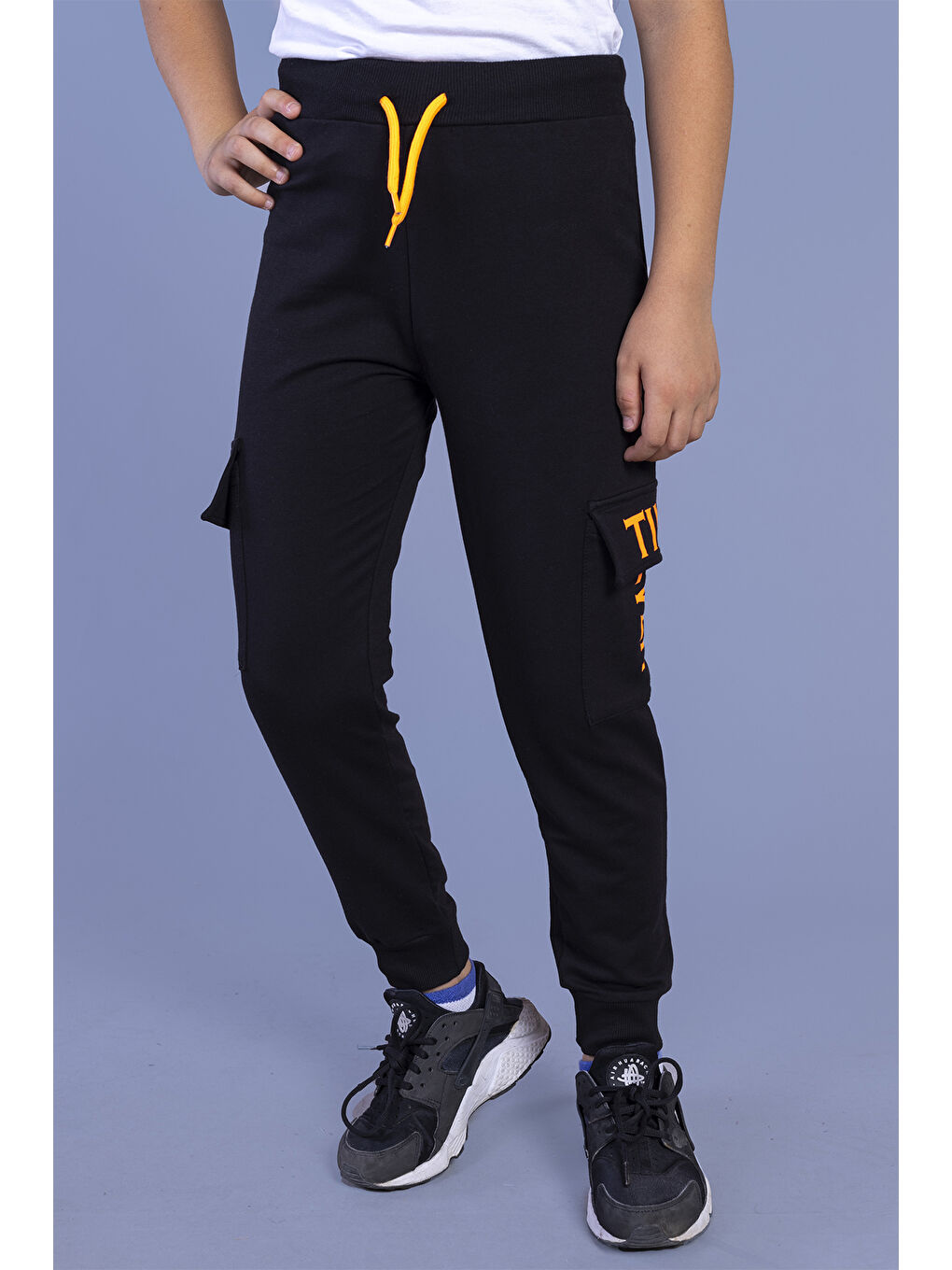 Siyah Erkek Çocuk Beli Lastikli Kargo Cepli Eşofman Alt