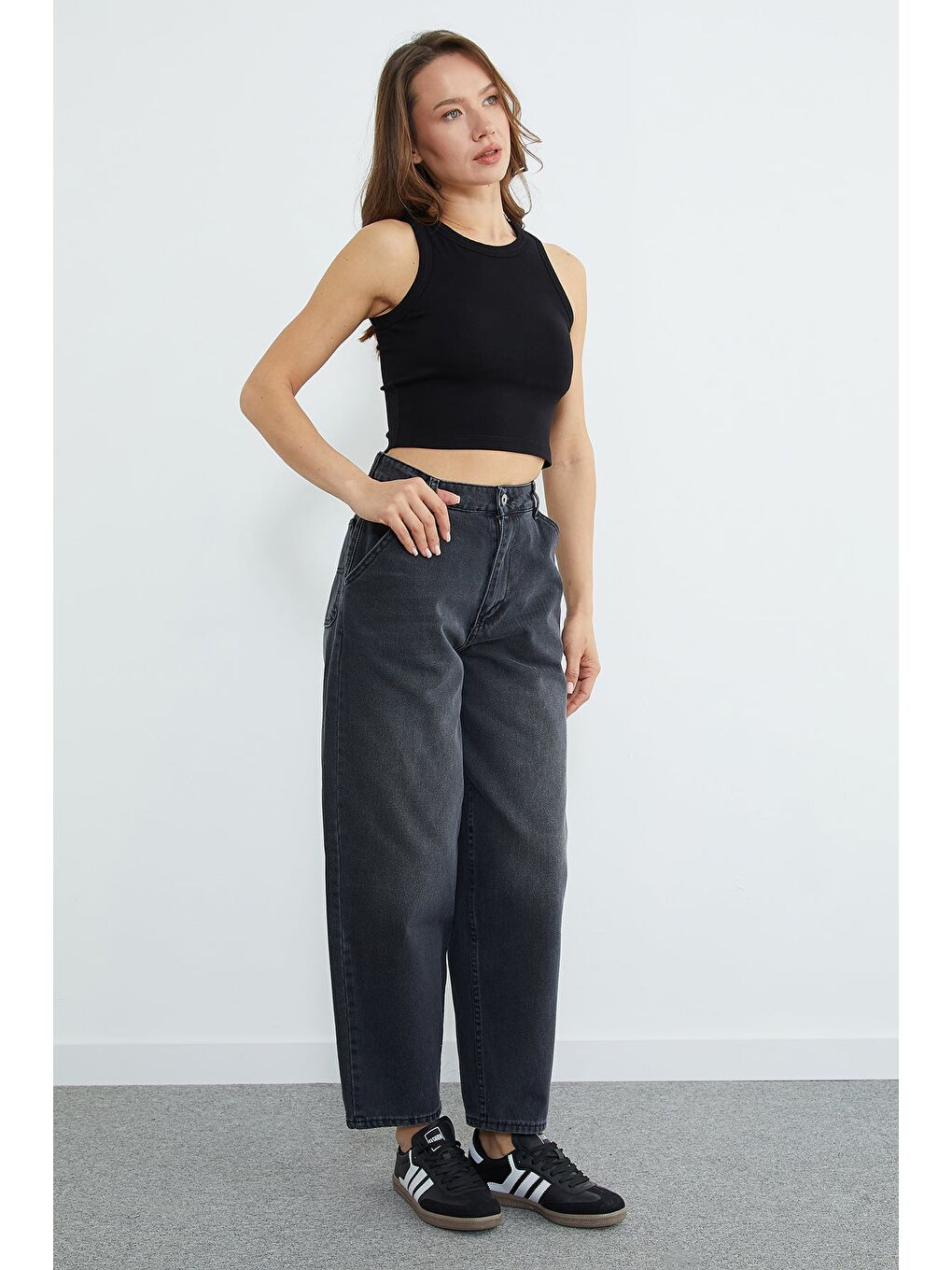 Antrasit Yüksek Bel Şalvar Jean-3