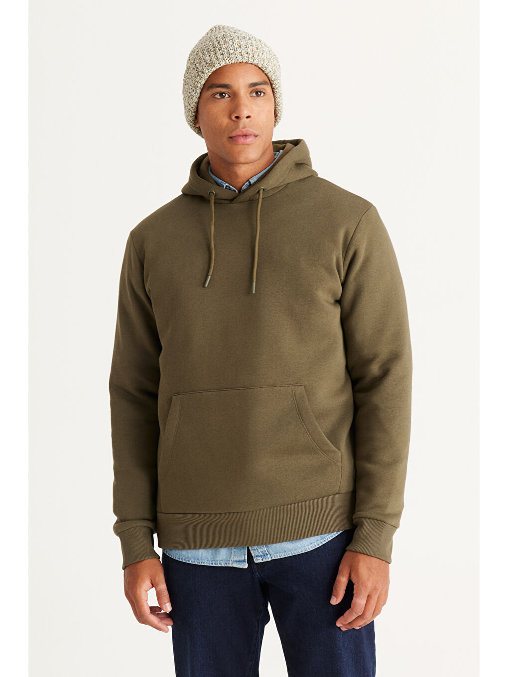 Erkek Haki-Siyah Pamuklu Standart Fit Normal Kesim Kapüşonlu Kanguru Cepli Eşofman Takımı-1