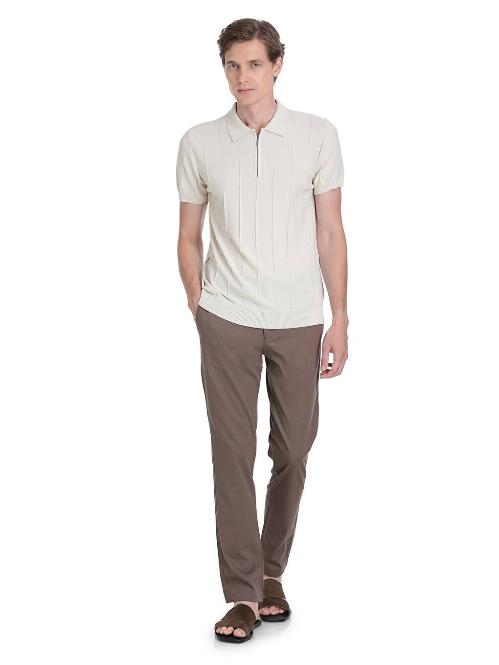Ekru Regular Fit Polo Yaka Rayon Tişört-1