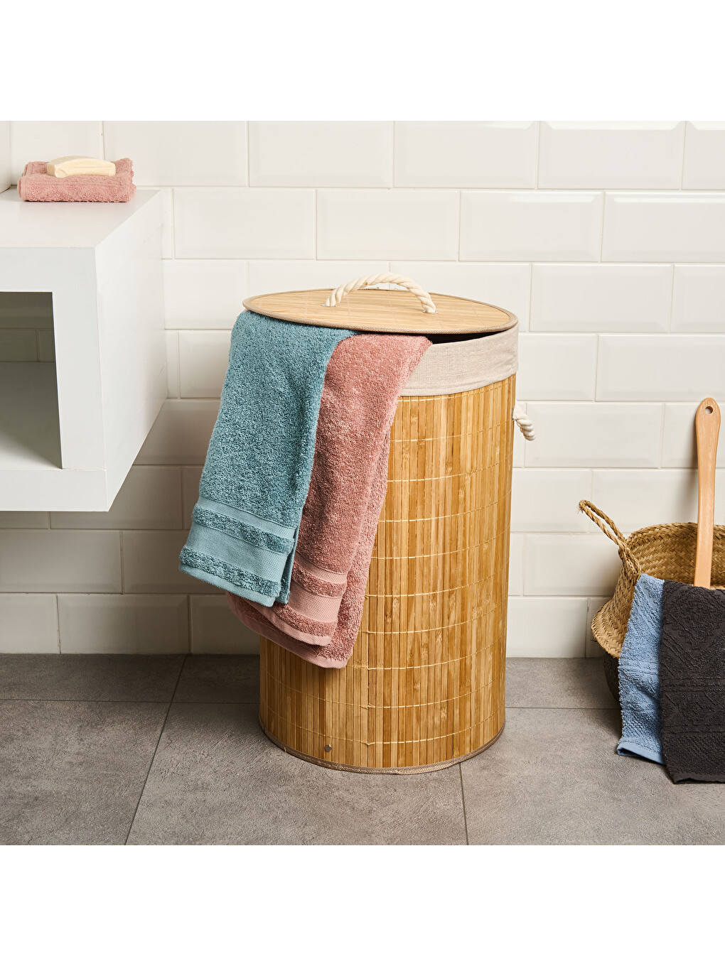 Karışık Katlanır Yuvarlak Bambu Kirli Çamaşır Sepeti - Bej - 60 lt-1
