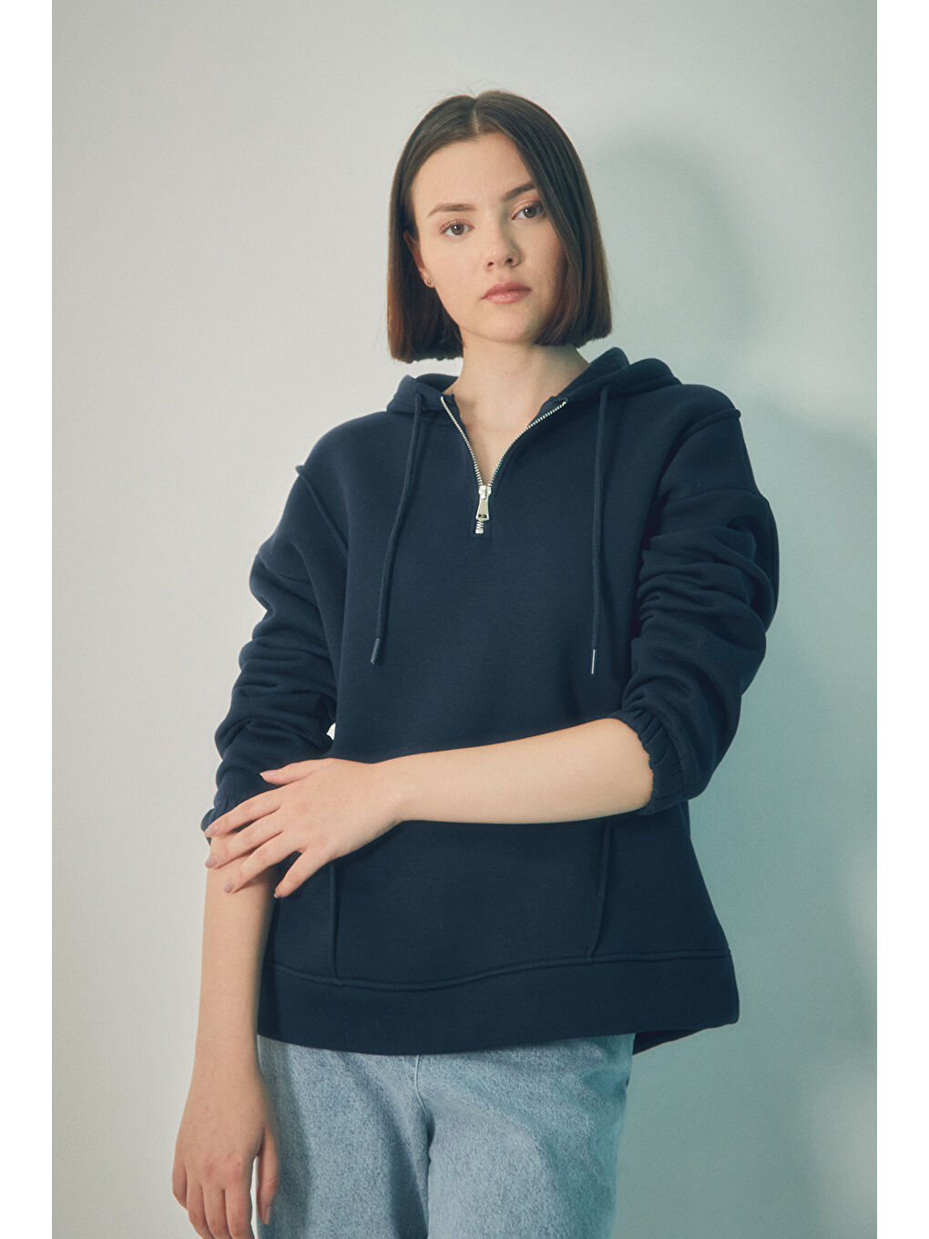 Fullamoda Lacivert Basic Yarım Fermuarlı Kapüşonlu Sweatshirt