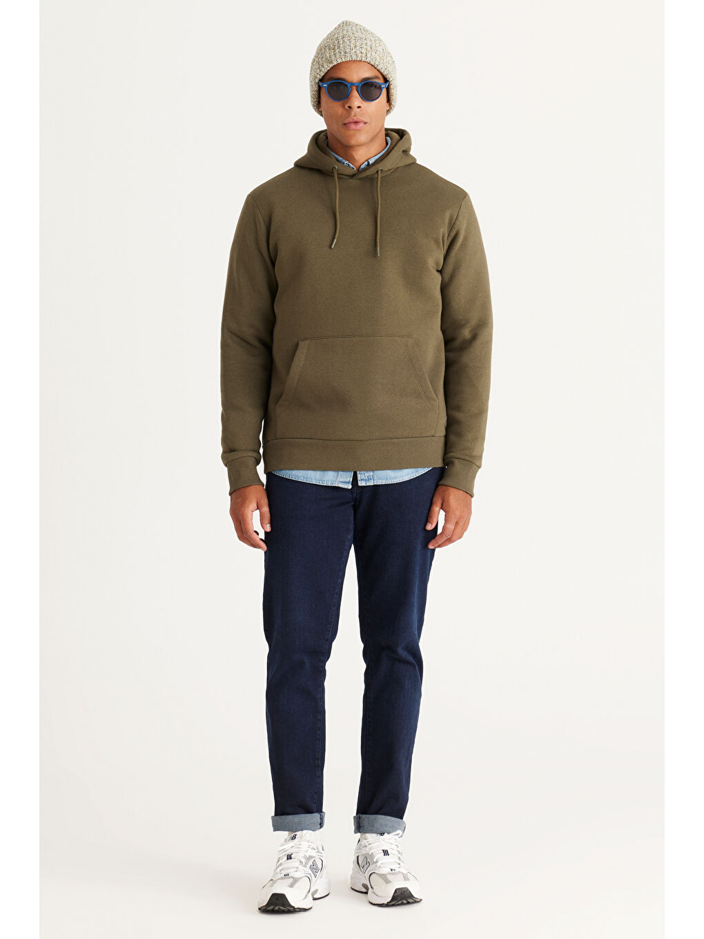 Erkek Haki-Siyah Pamuklu Standart Fit Normal Kesim Kapüşonlu Kanguru Cepli Eşofman Takımı-3