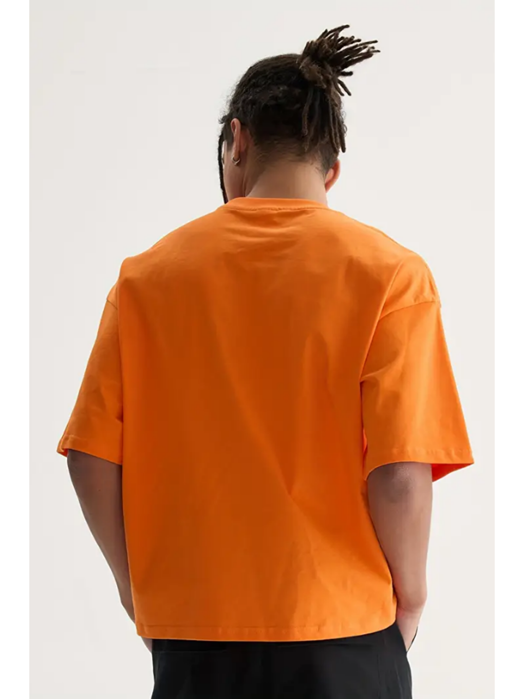 Turuncu Erkek Oversize Bisiklet Yaka %100 Pamuk Tişört-3