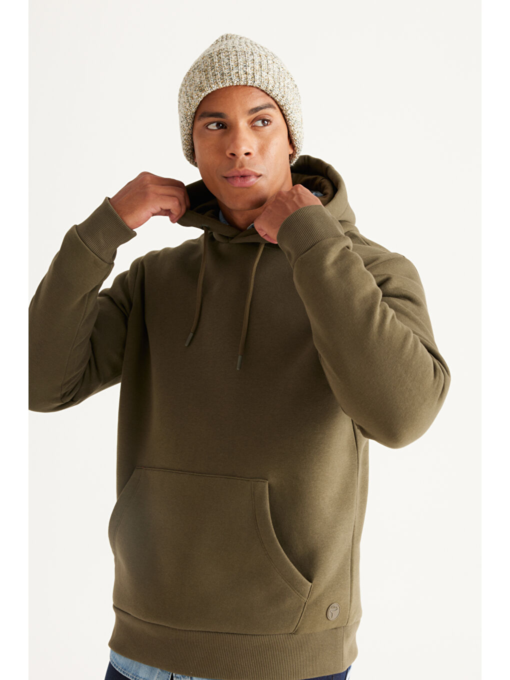 Erkek Haki-Siyah Pamuklu Standart Fit Normal Kesim Kapüşonlu Kanguru Cepli Eşofman Takımı-7