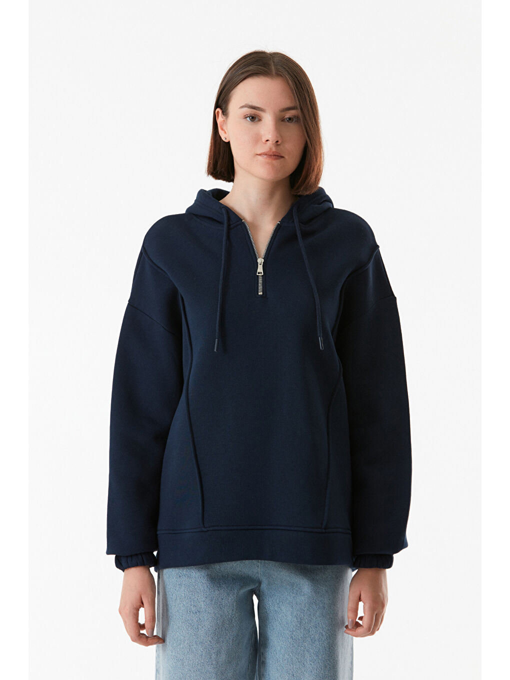 Fullamoda Lacivert Basic Yarım Fermuarlı Kapüşonlu Sweatshirt - 2