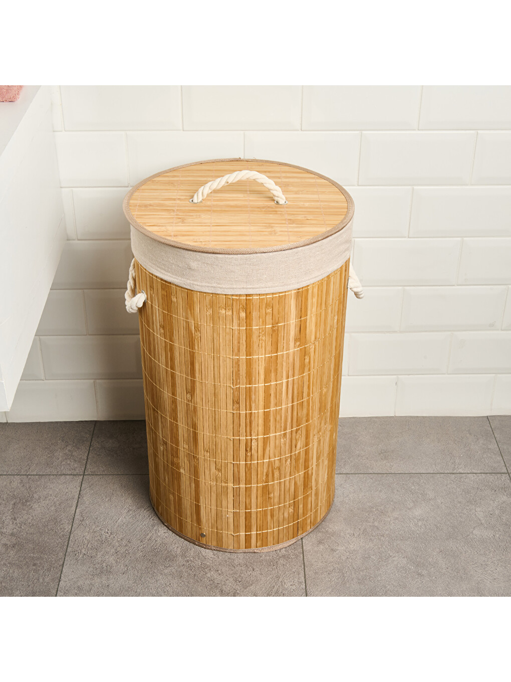 Karışık Katlanır Yuvarlak Bambu Kirli Çamaşır Sepeti - Bej - 60 lt-2