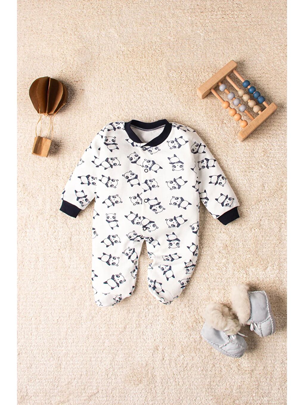 Siyah Organik Panda Desenli 3 Parça Tulum Seti-1