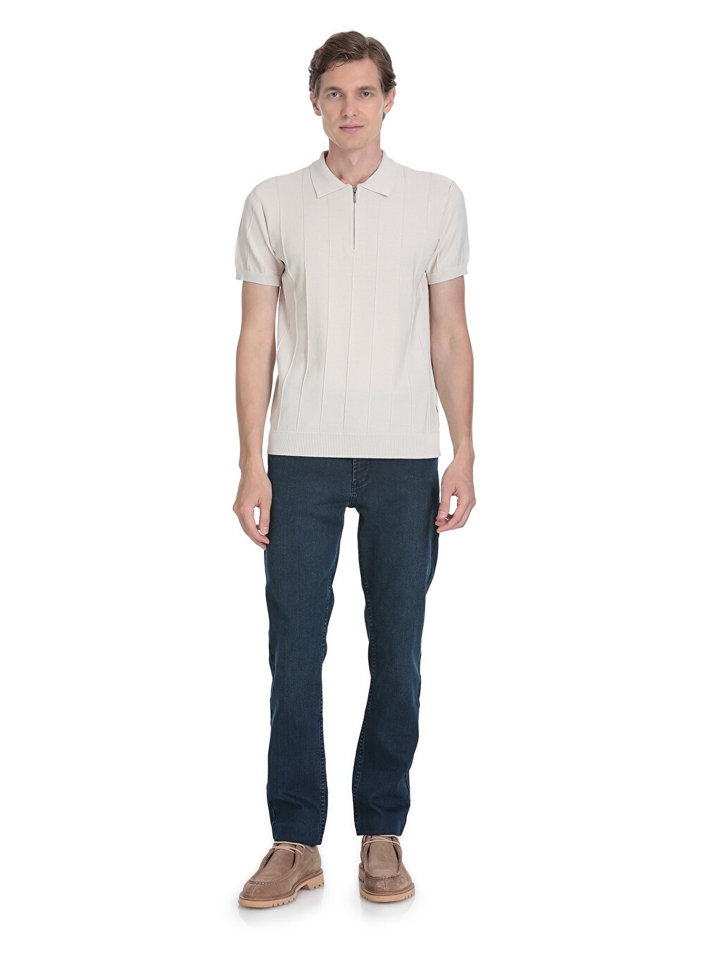 Bej Taş Regular Fit Polo Yaka Rayon Tişört-1