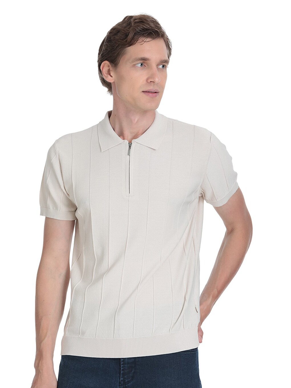 Bej Taş Regular Fit Polo Yaka Rayon Tişört-2
