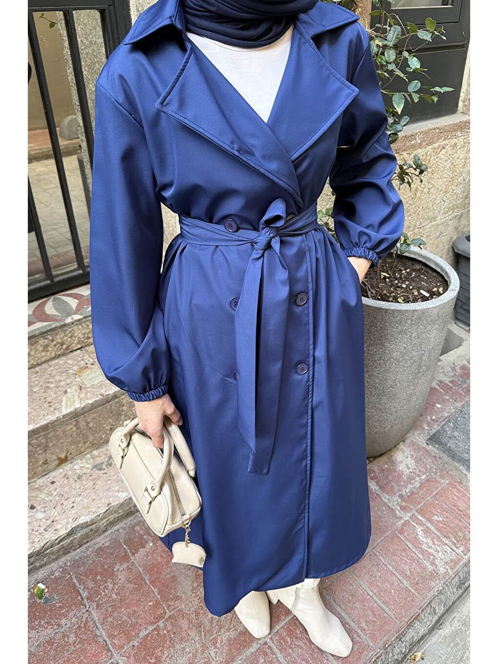 Kol Elastik Detaylı Trençkot Lacivert-2