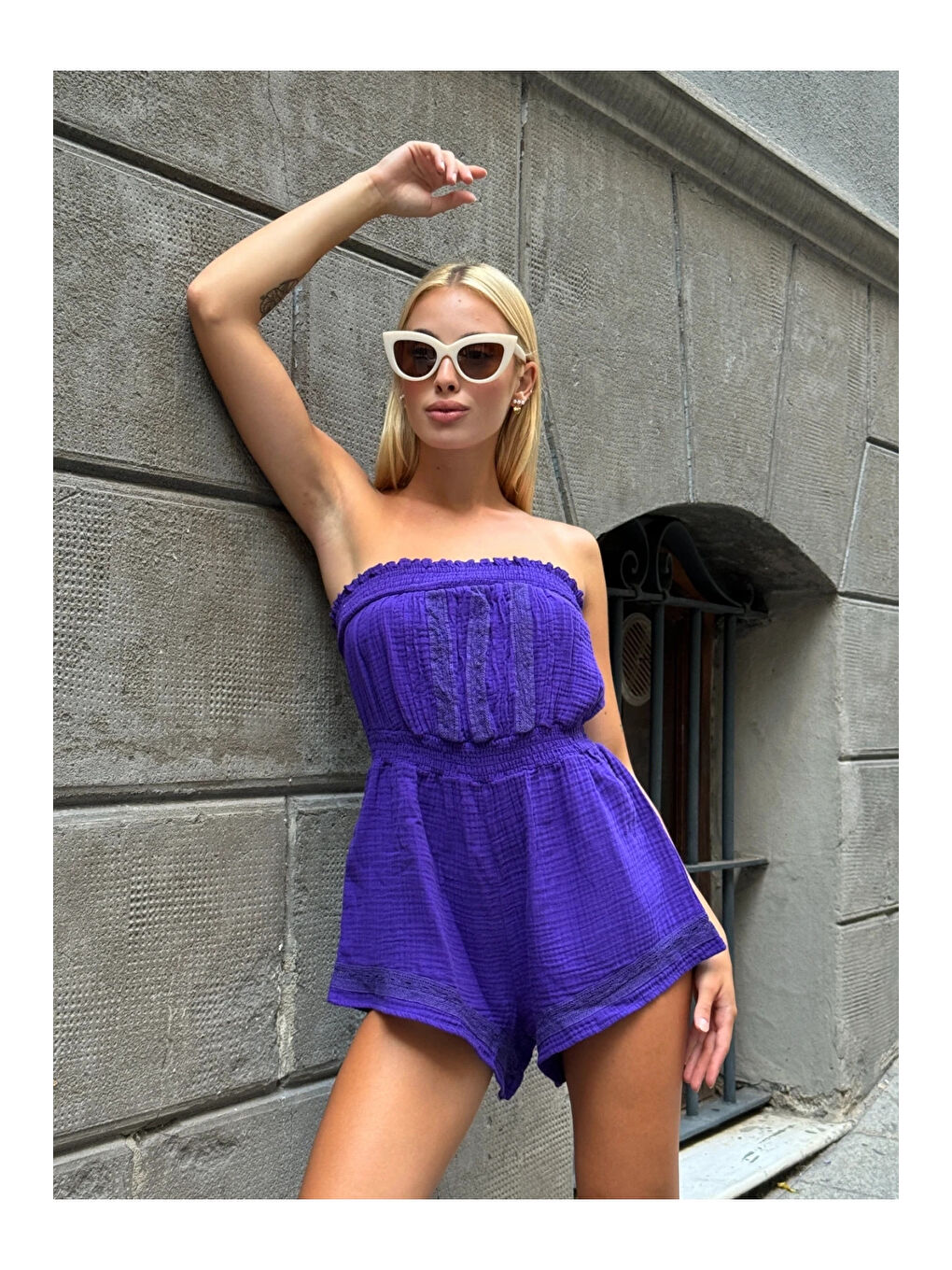 Kadın Mor Beli Lastikli Straplez Tulum HZL25S-ZK11121-1