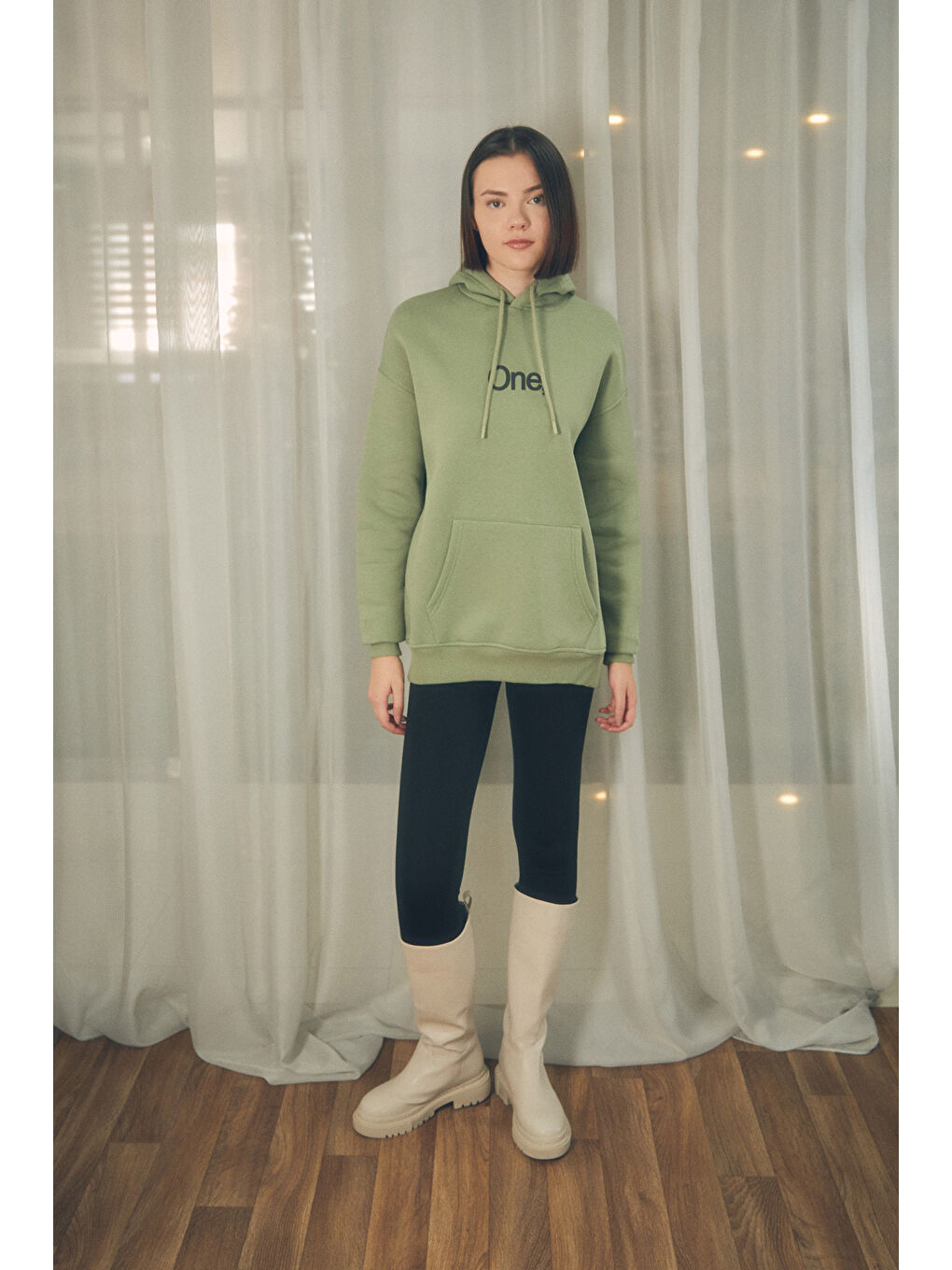 Fullamoda Haki Yazı Baskılı Kanguru Cepli Kapüşonlu Sweatshirt - 1