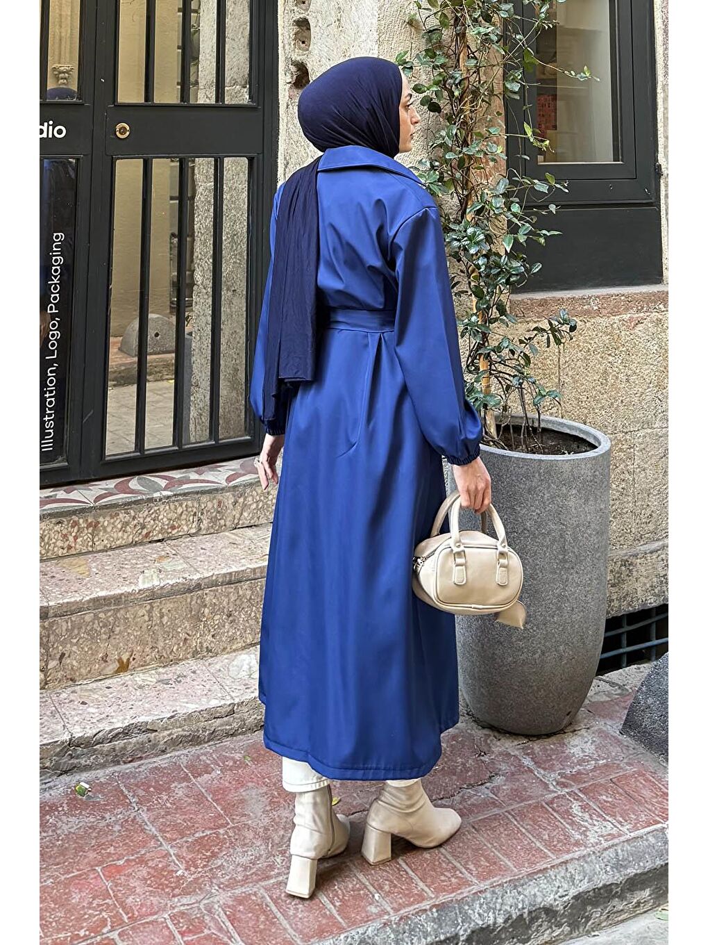 Kol Elastik Detaylı Trençkot Lacivert-3