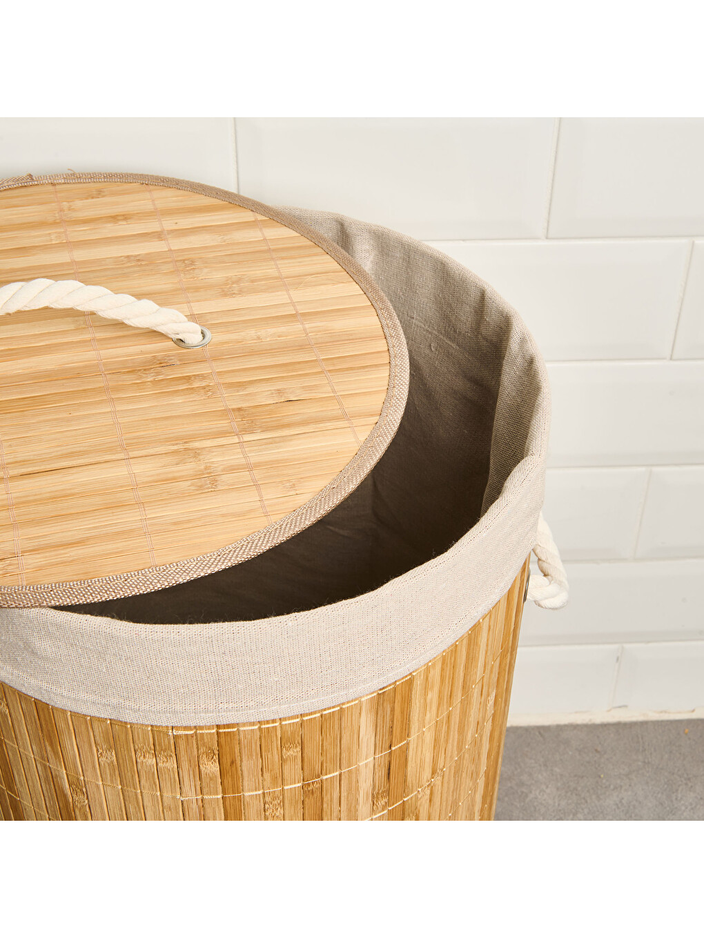 Karışık Katlanır Yuvarlak Bambu Kirli Çamaşır Sepeti - Bej - 60 lt-3