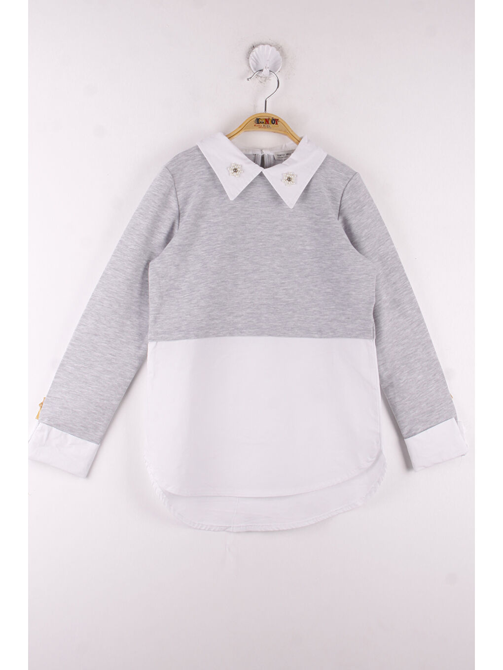 Gri Kız Çocuk Gömlek Detaylı Yakası İncili Okul Sweatshirt