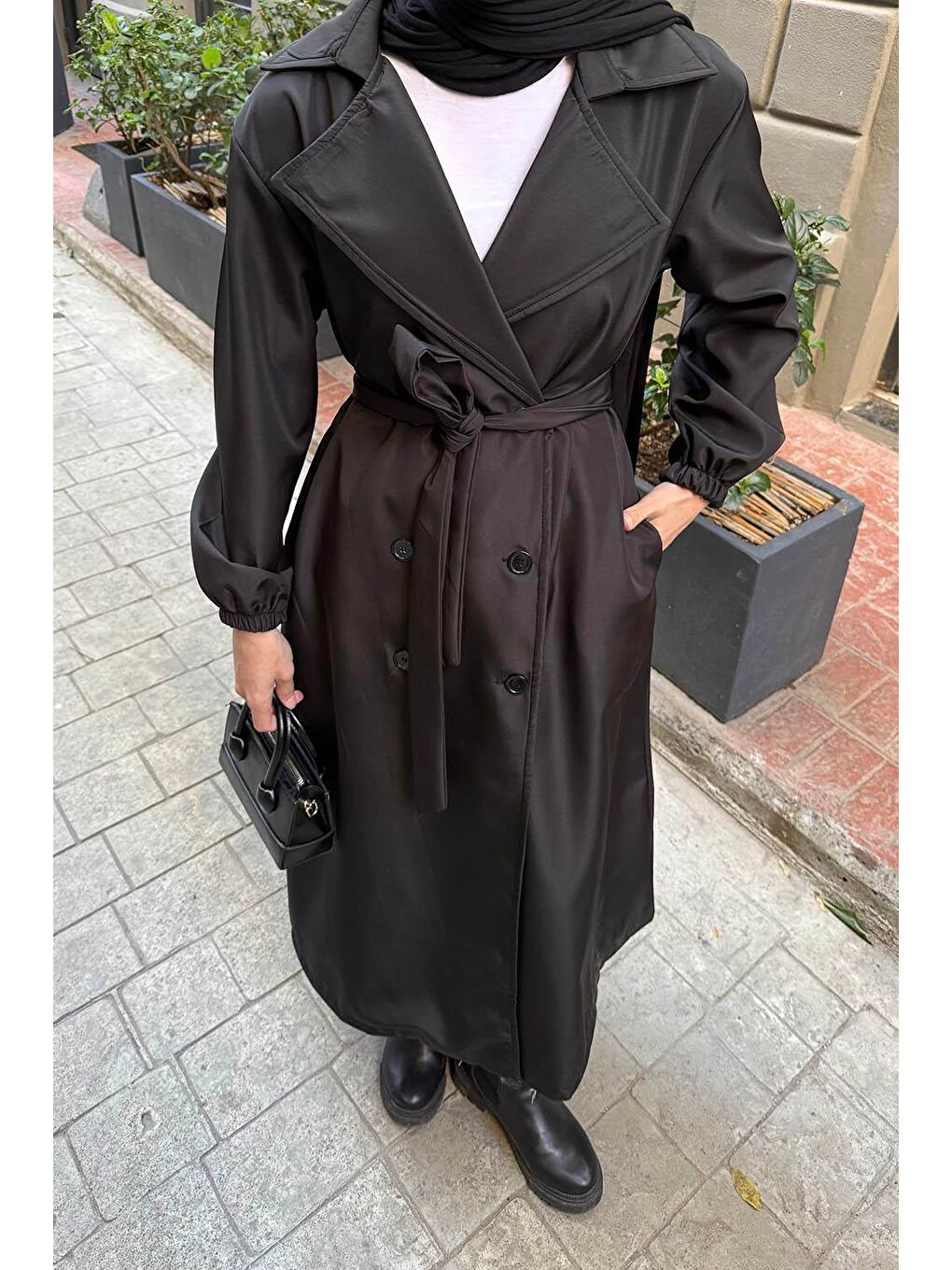 Kol Elastik Detaylı Trençkot Siyah-2