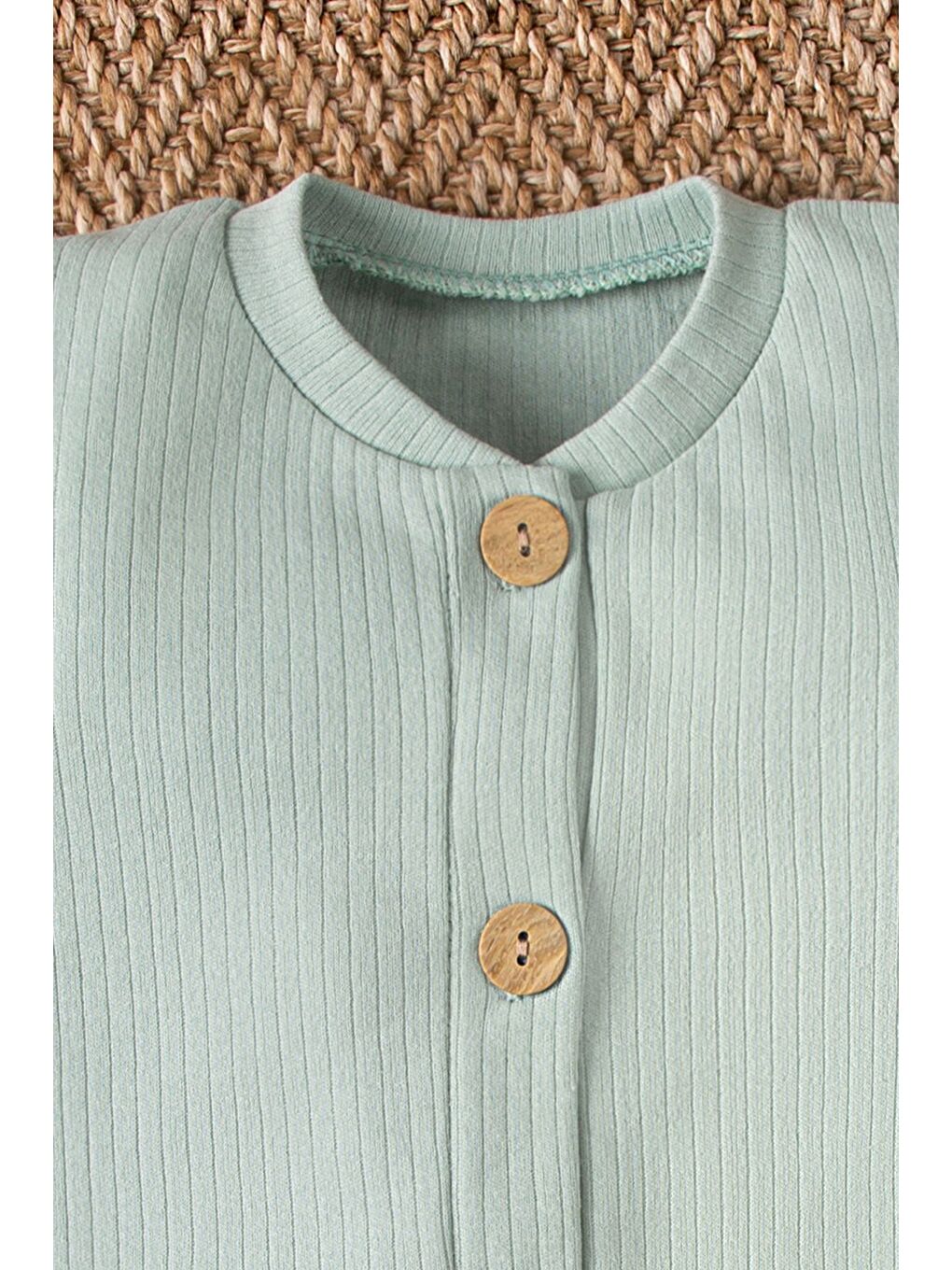 Yeşil Organik Kısa Kollu Tahta Düğmeli Tulum Bebek Takım-6