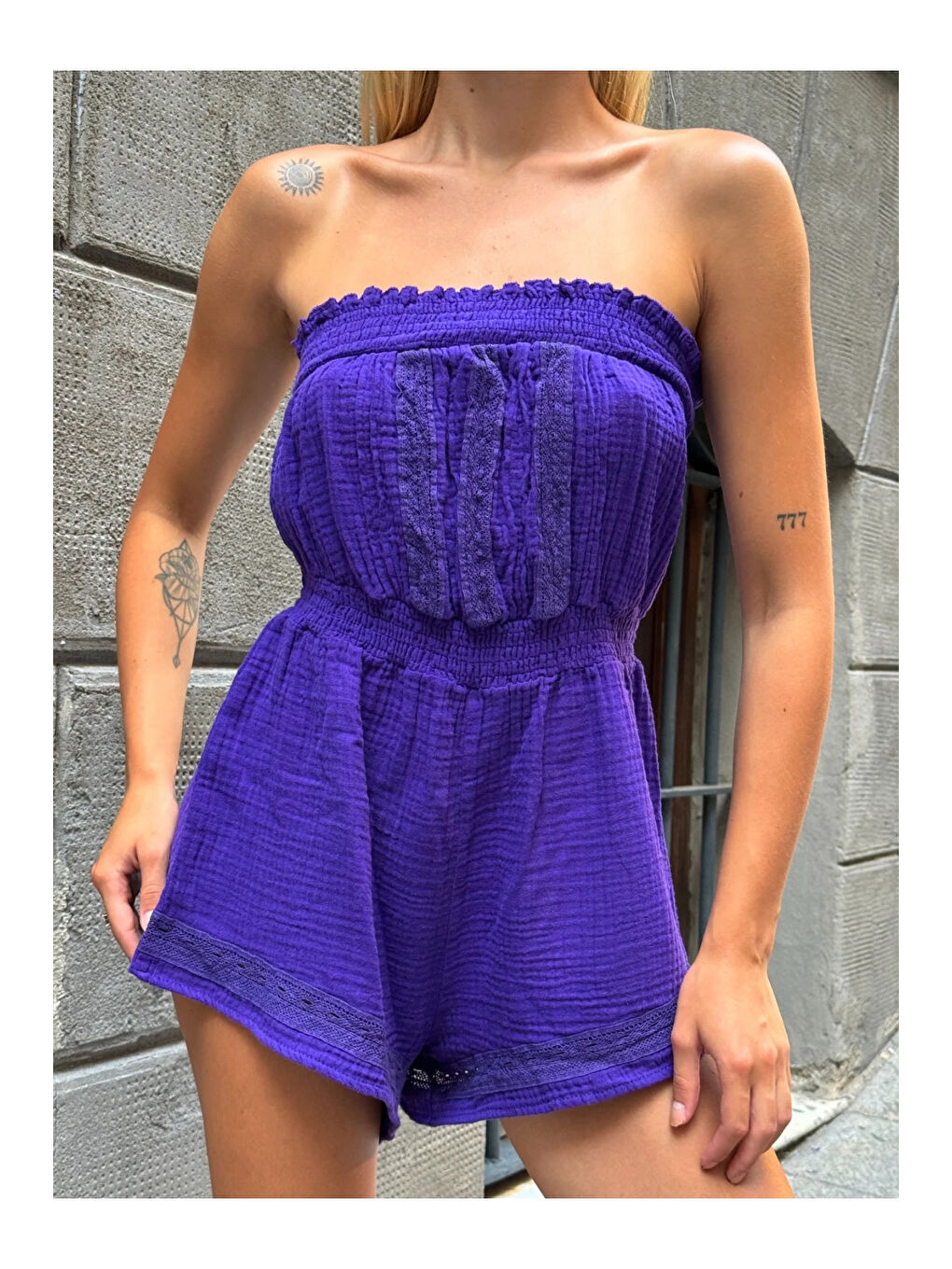 Kadın Mor Beli Lastikli Straplez Tulum HZL25S-ZK11121-3