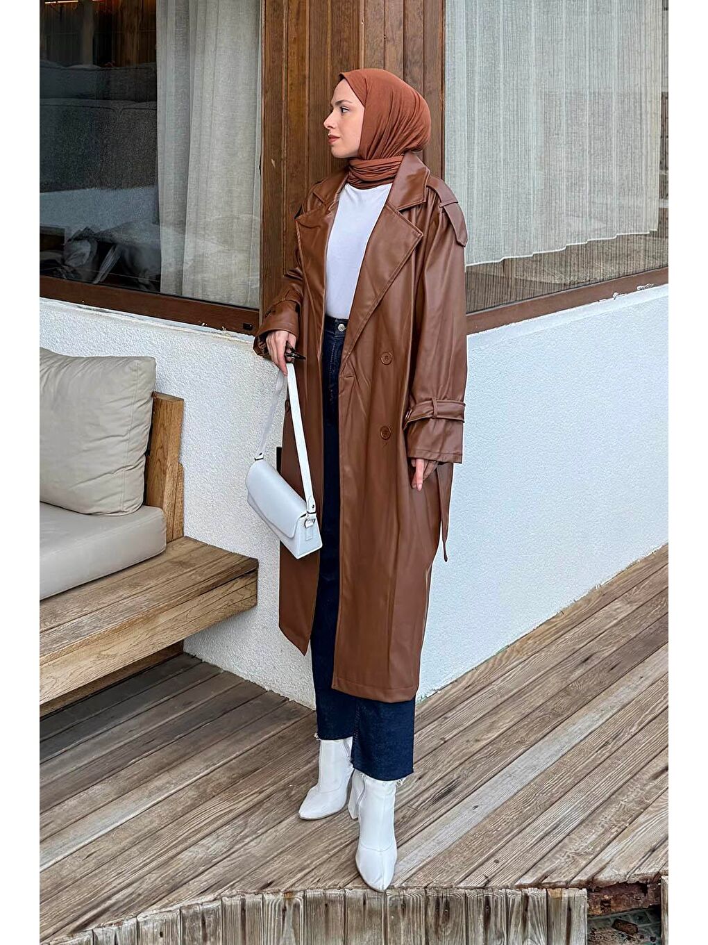 Omuz Apoletli Deri Trençkot Acı Kahverengi-1