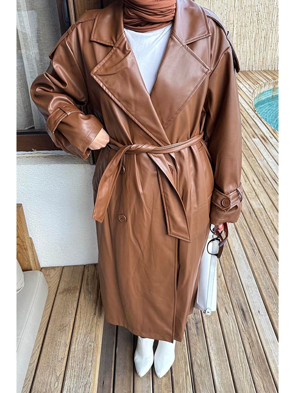 Omuz Apoletli Deri Trençkot Acı Kahverengi-2