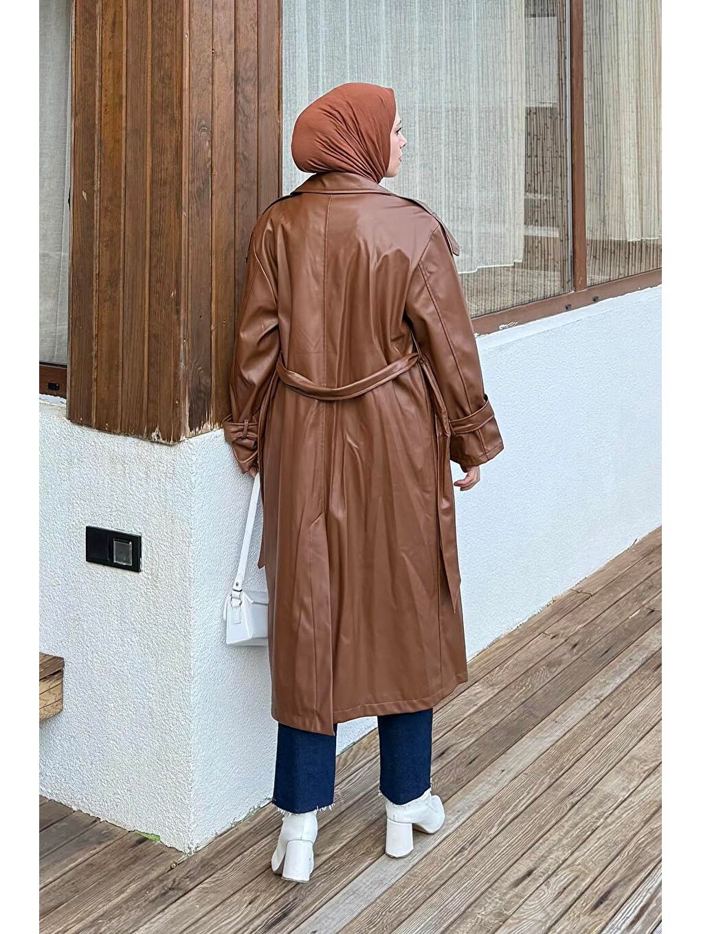 Omuz Apoletli Deri Trençkot Acı Kahverengi-3