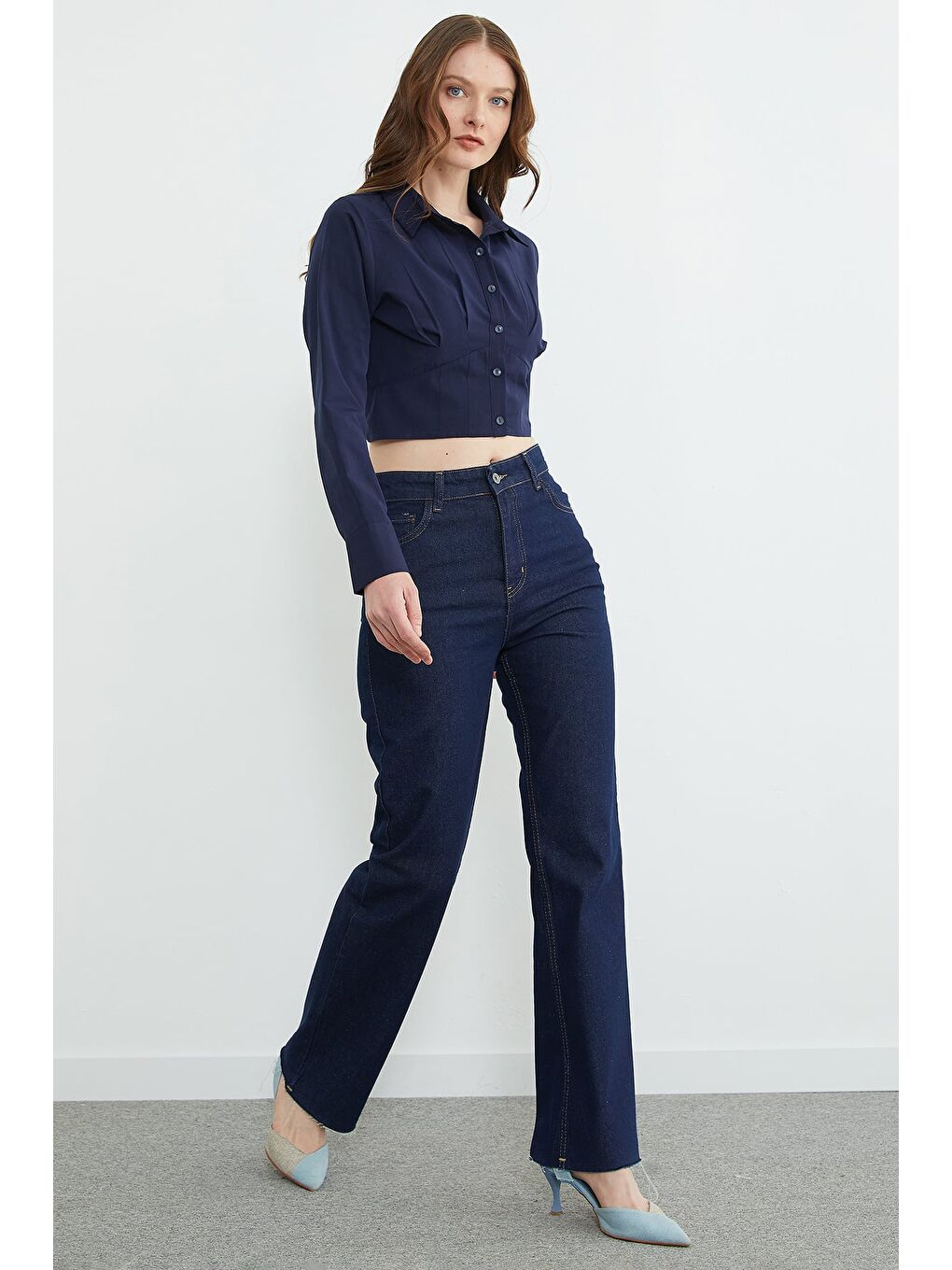 Lacivert Yüksek Bel Kesik Paça Jean-3
