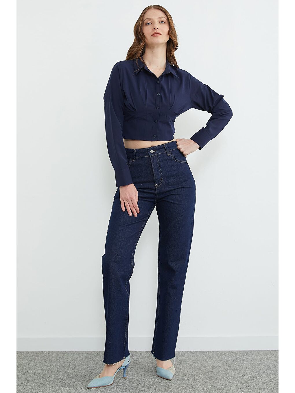 Lacivert Yüksek Bel Kesik Paça Jean-4