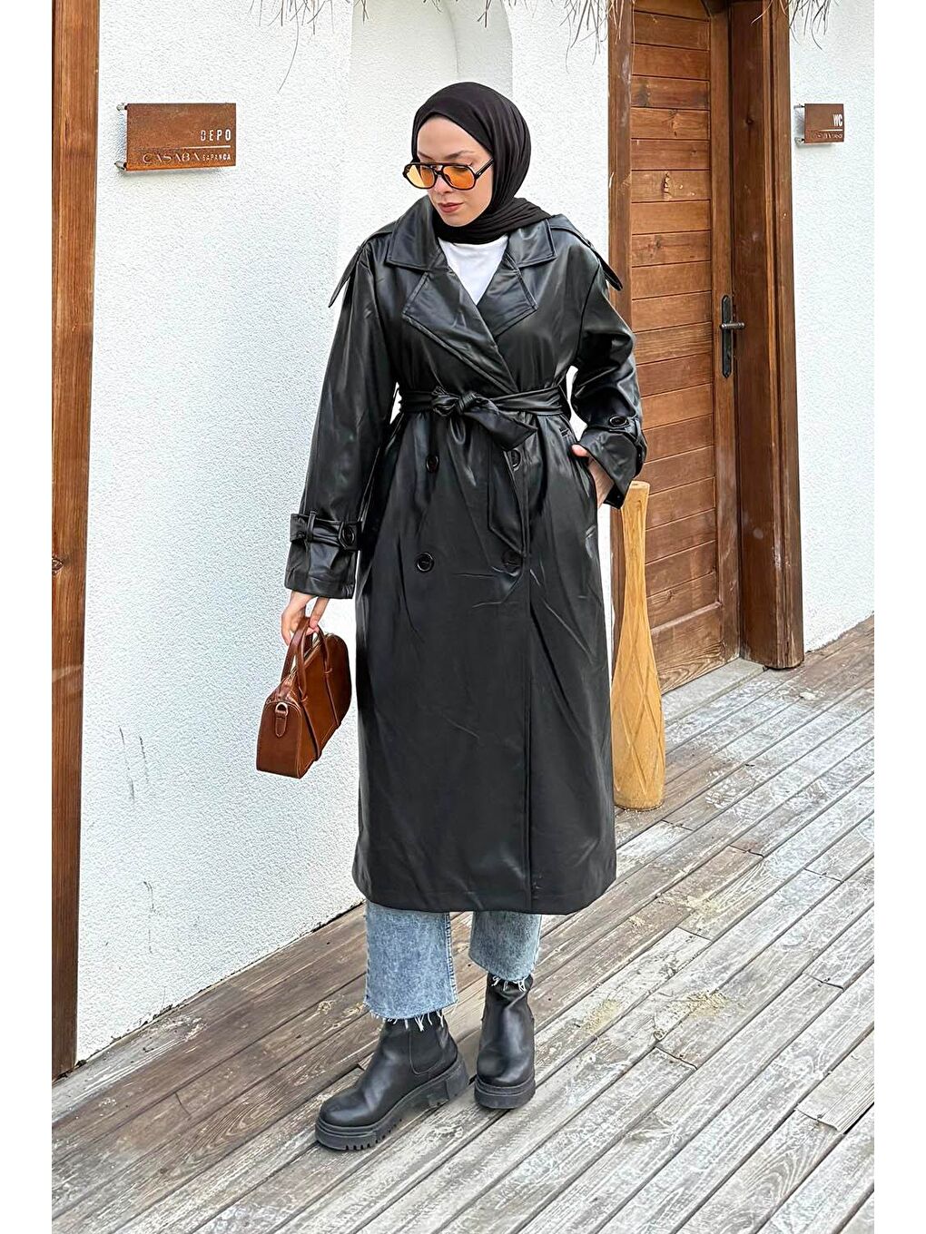 Omuz Apoletli Deri Trençkot Siyah