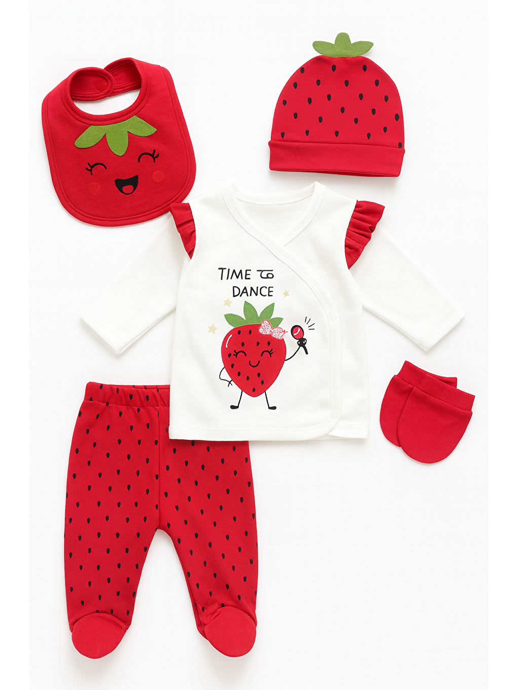 Kırmızı Kız Bebek Çilekli 5li Hastane Çıkış Seti Pamuklu