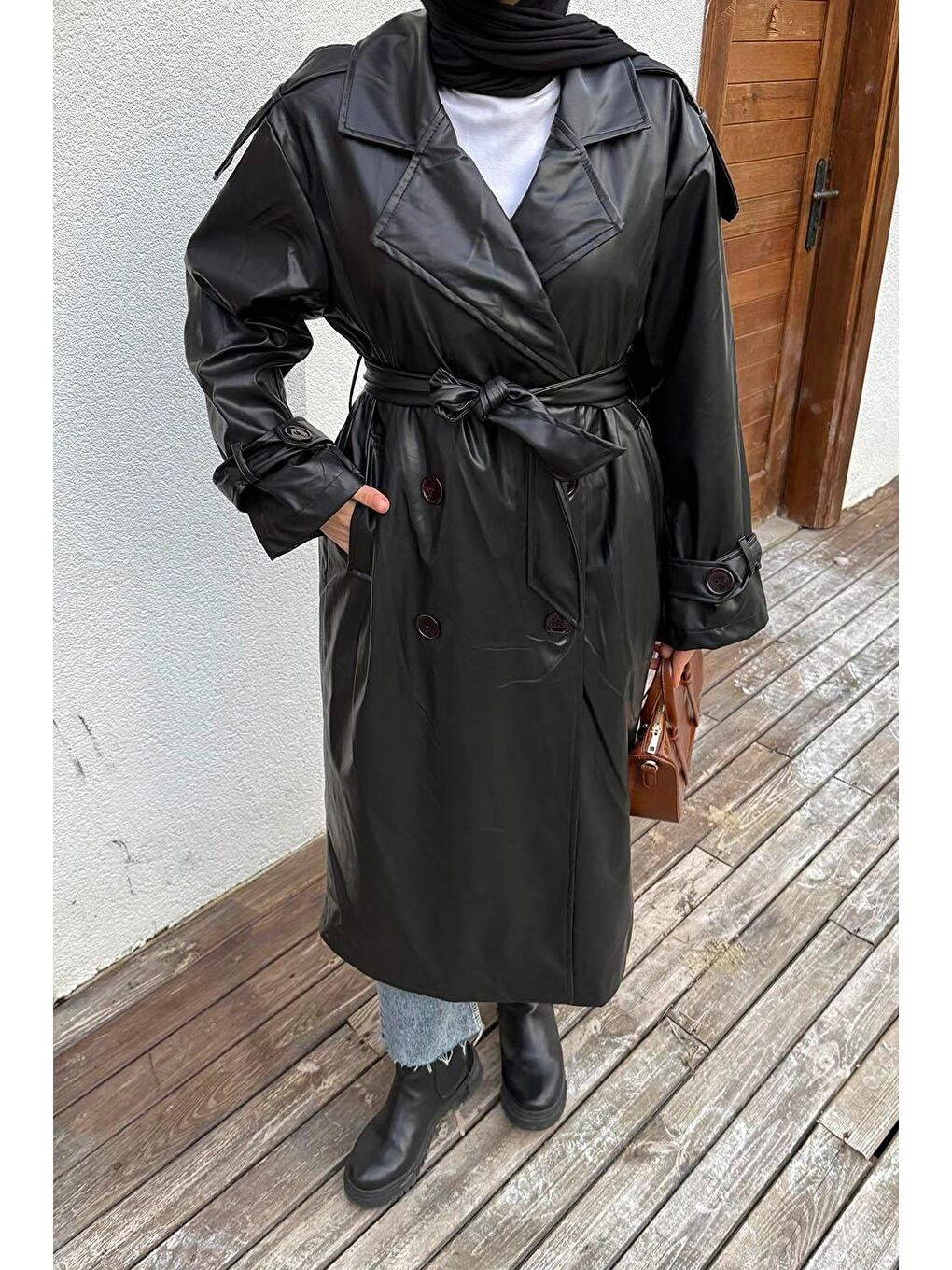 Omuz Apoletli Deri Trençkot Siyah-2