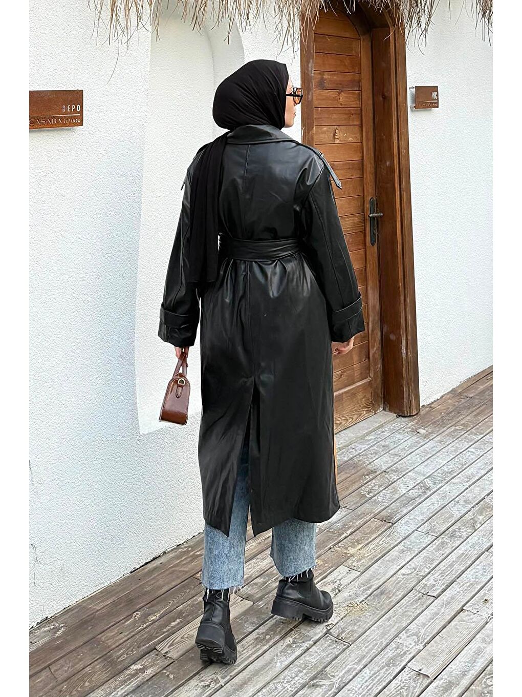 Omuz Apoletli Deri Trençkot Siyah-3