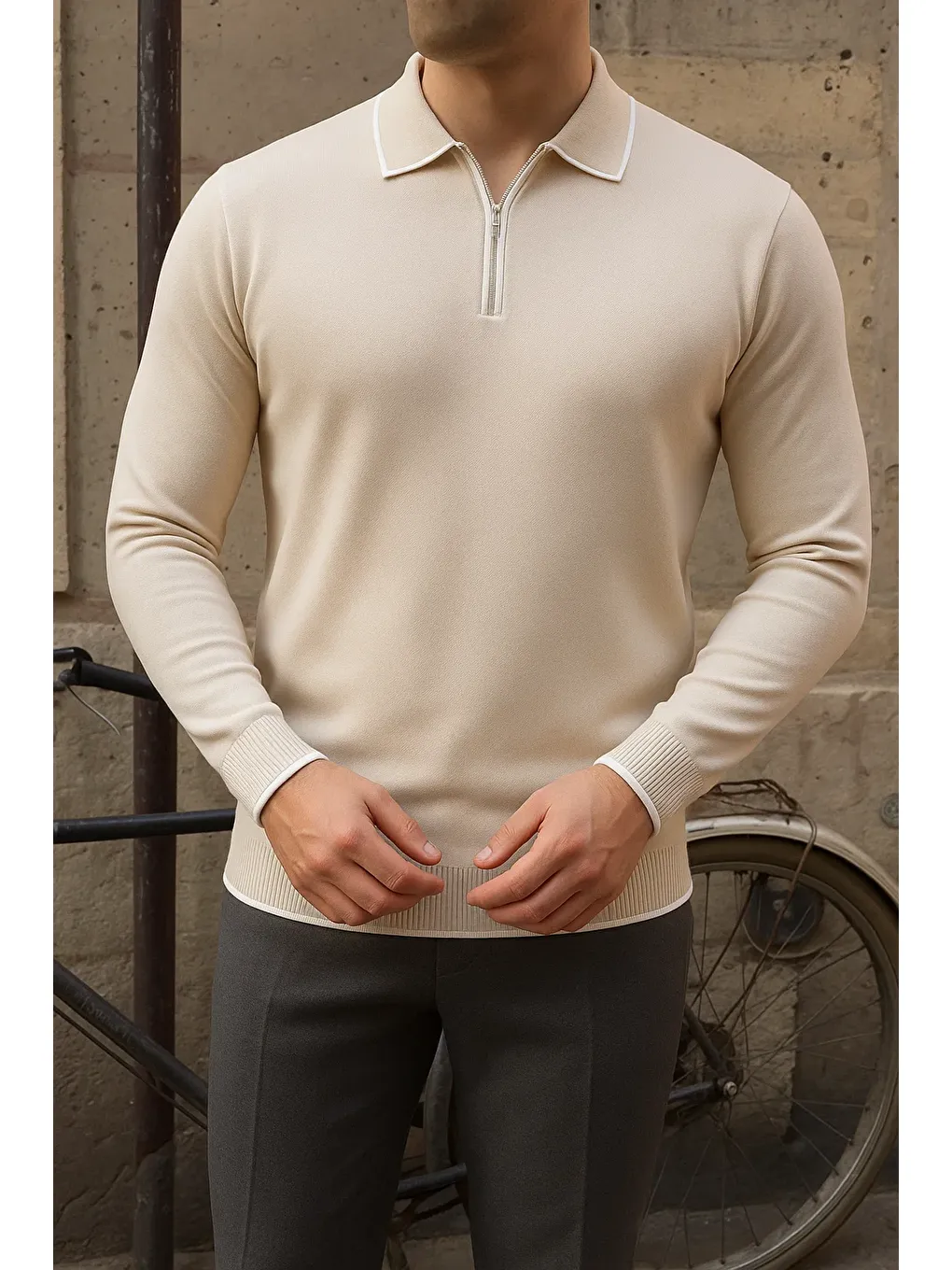 Ekru Erkek Günlük Çizgili Trend Krem Polo Yaka Kazak-1