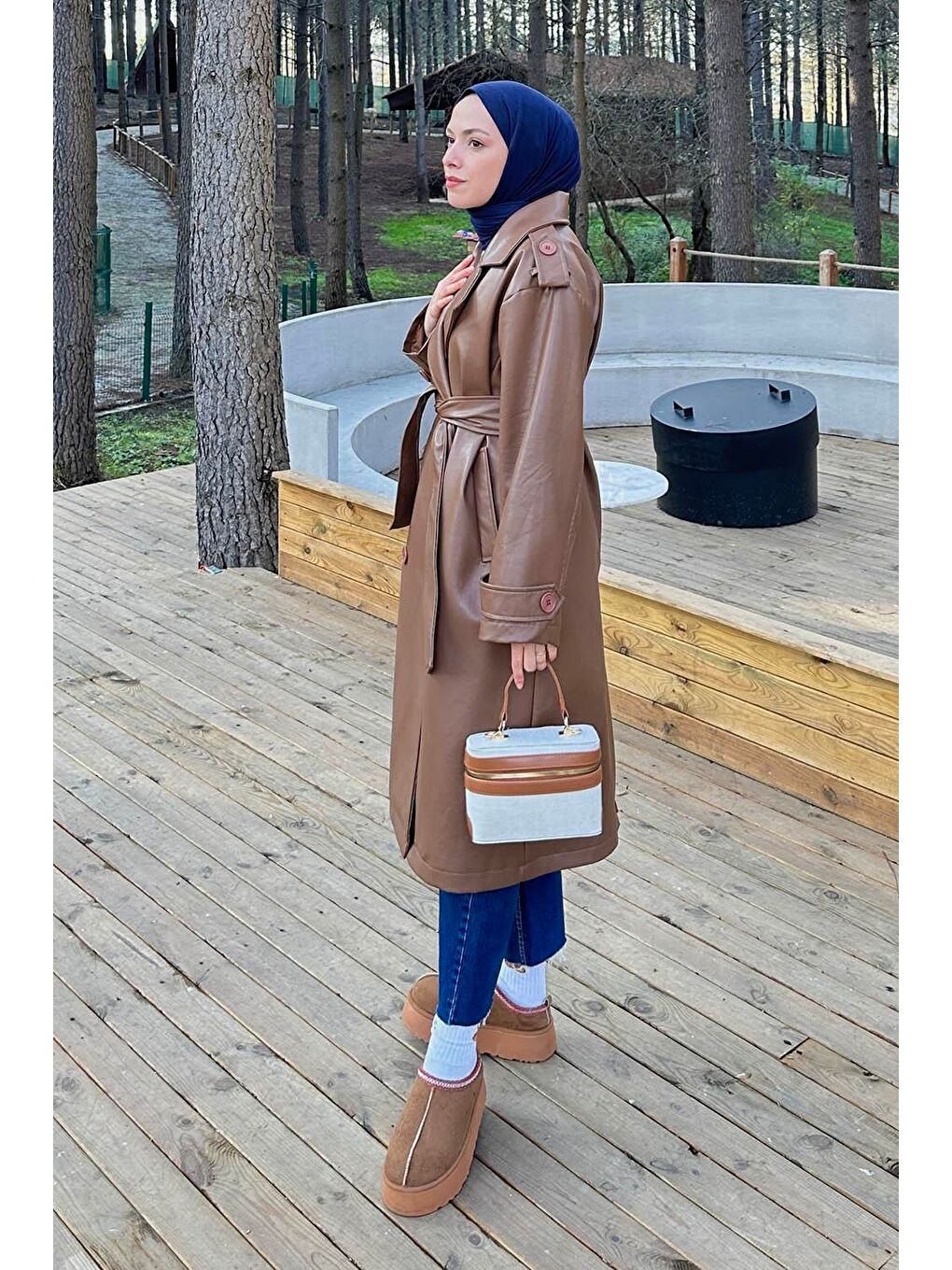 Kahverengi Kruvaze Yaka Deri Trenç Taba-1